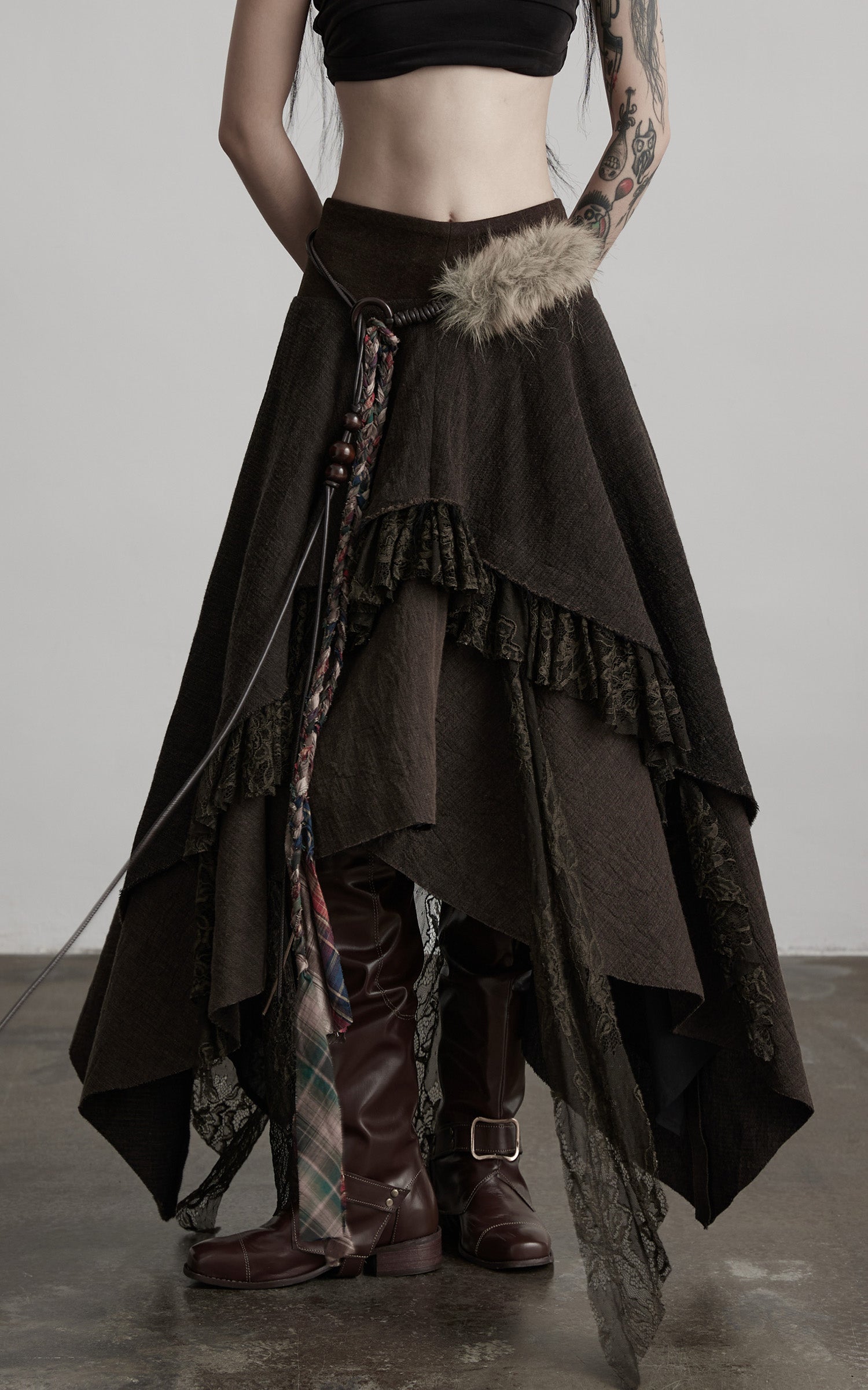 INDULGE Layered Asymmetric Skirt with Braided Belt and Fur Accent