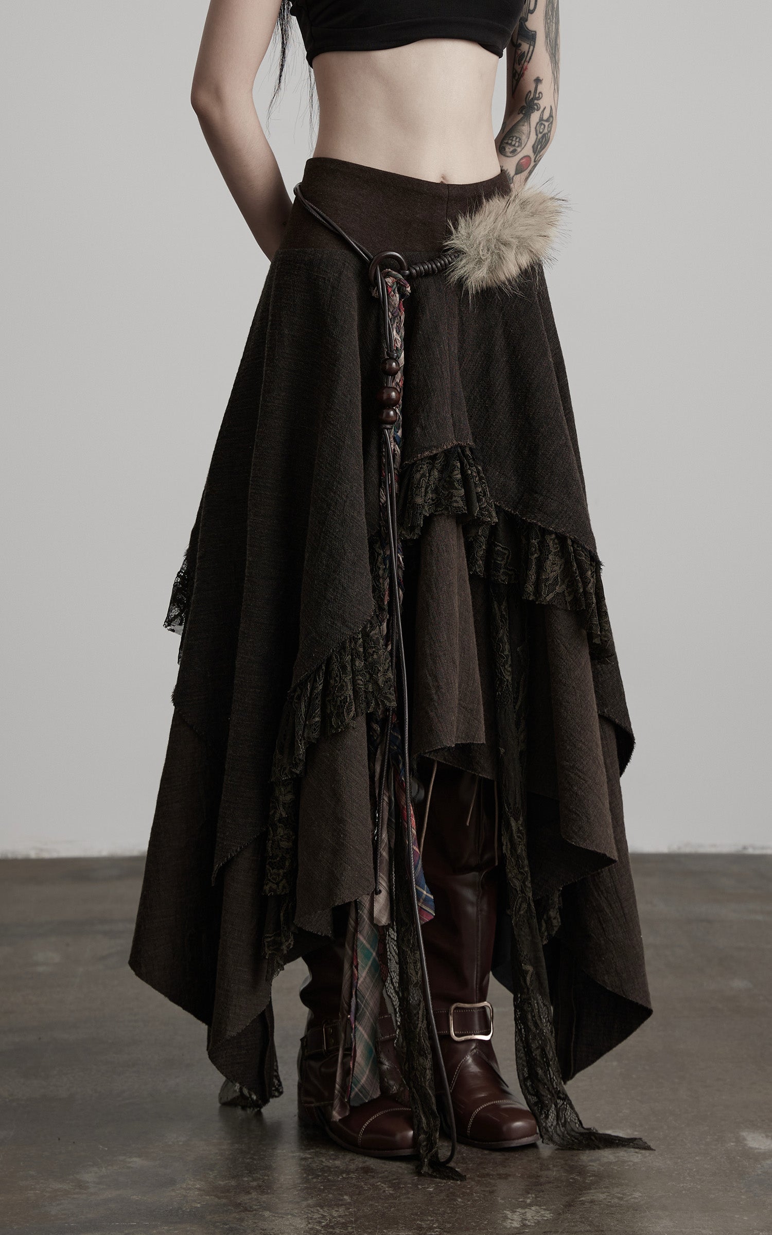 INDULGE Layered Asymmetric Skirt with Braided Belt and Fur Accent