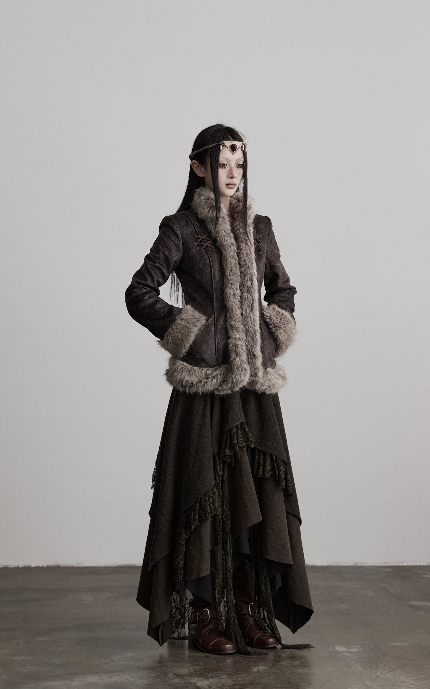 INDULGE Faux Fur-Trim Textured Jacket with Cross-Lace Details