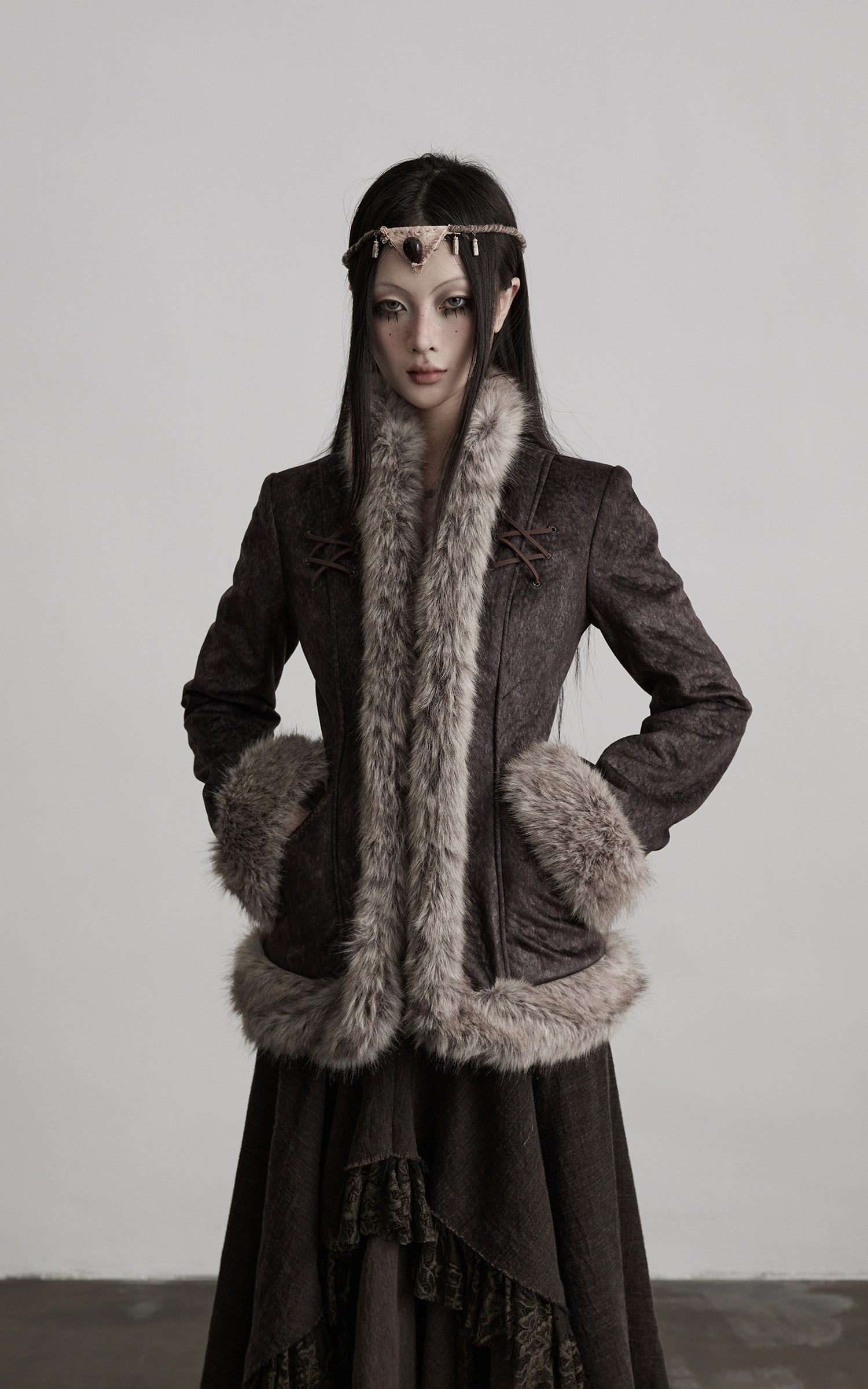 INDULGE Faux Fur-Trim Textured Jacket with Cross-Lace Details