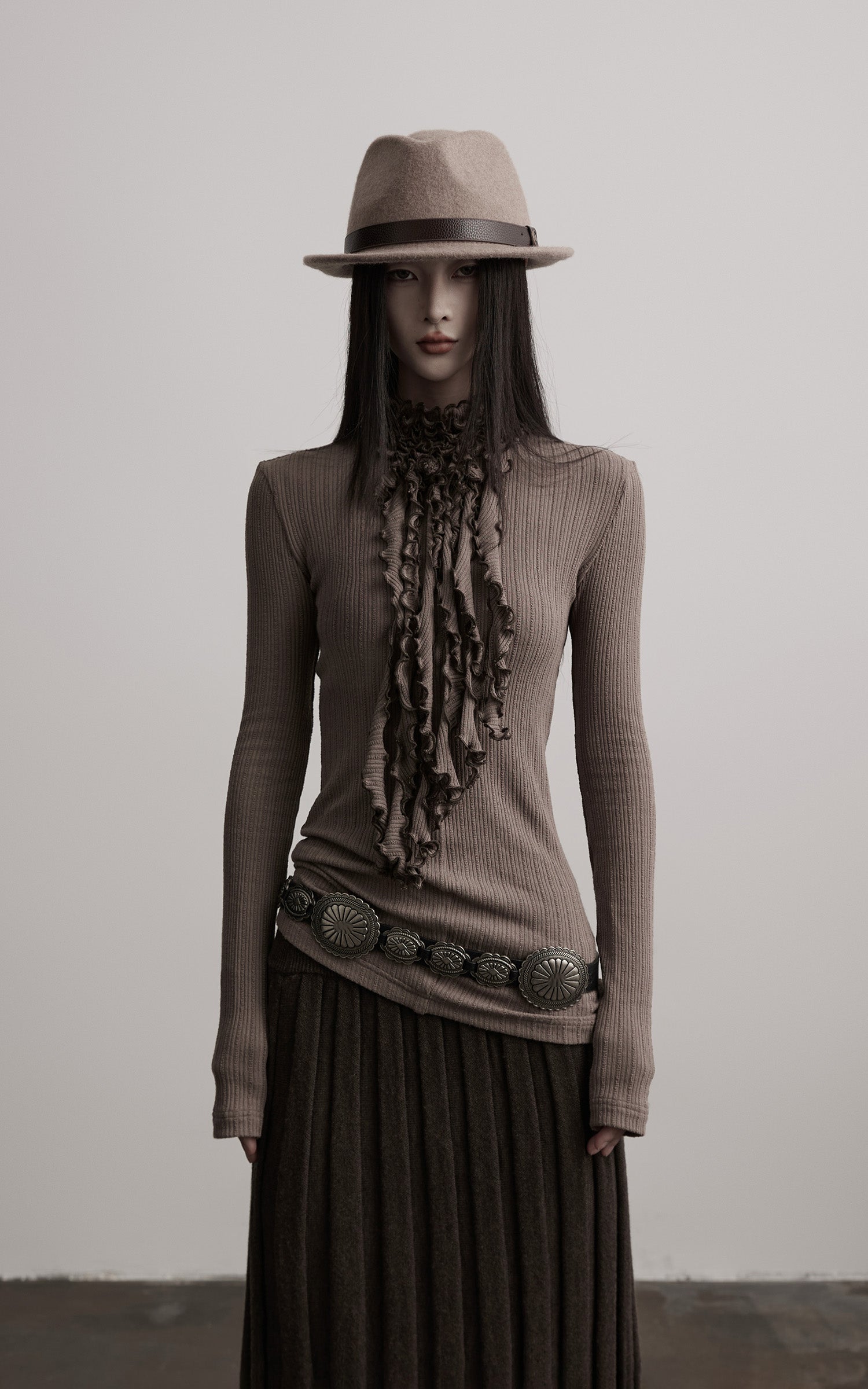 INDULGE Ruched High-Neck Rib Knit Top