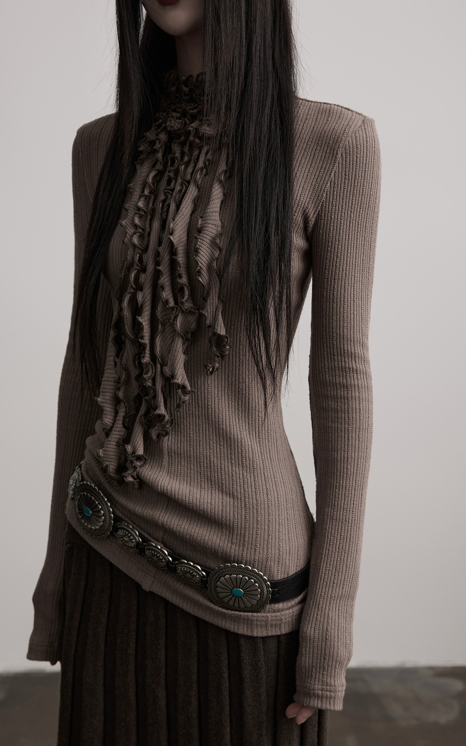 INDULGE Ruched High-Neck Rib Knit Top