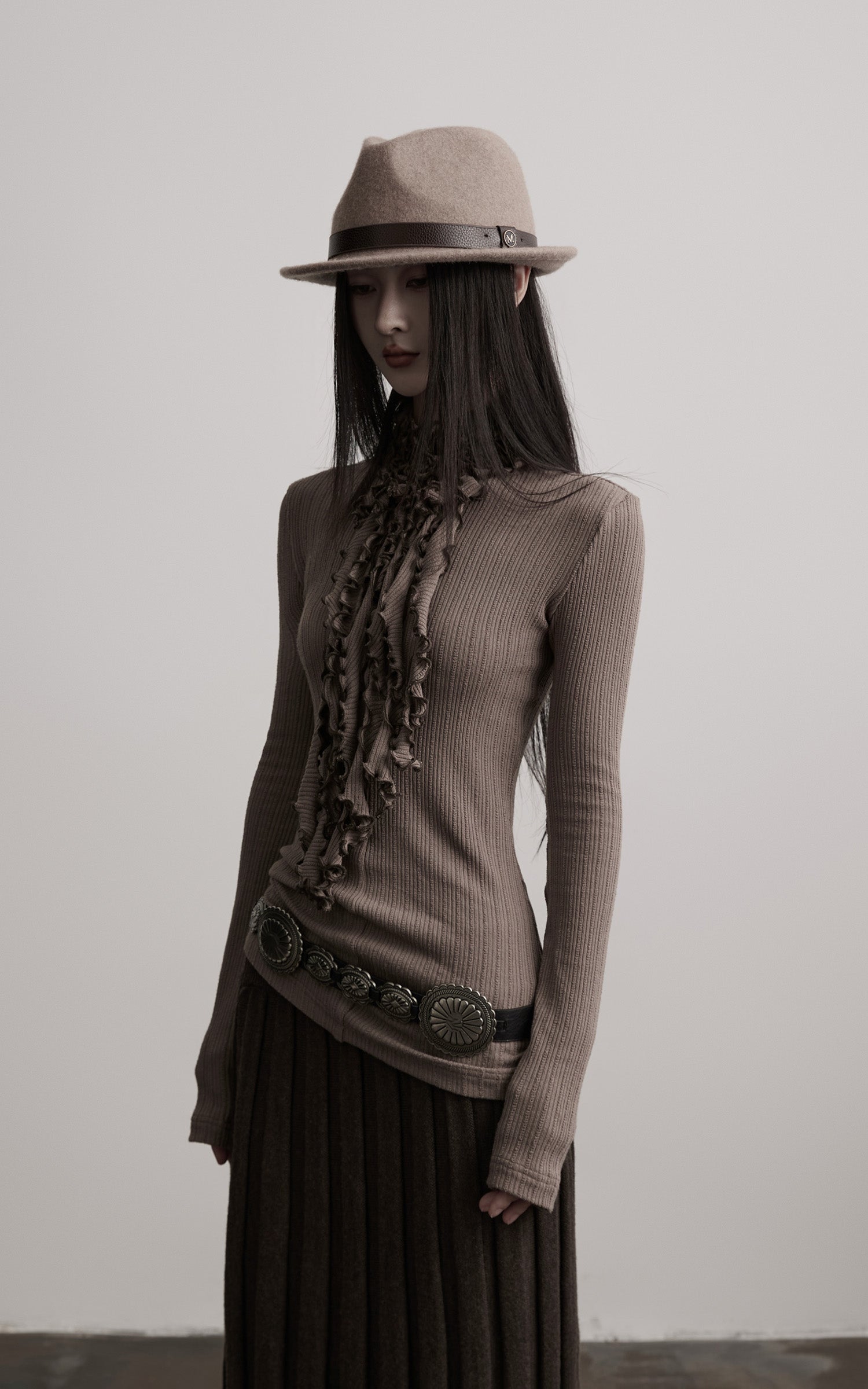 INDULGE Ruched High-Neck Rib Knit Top