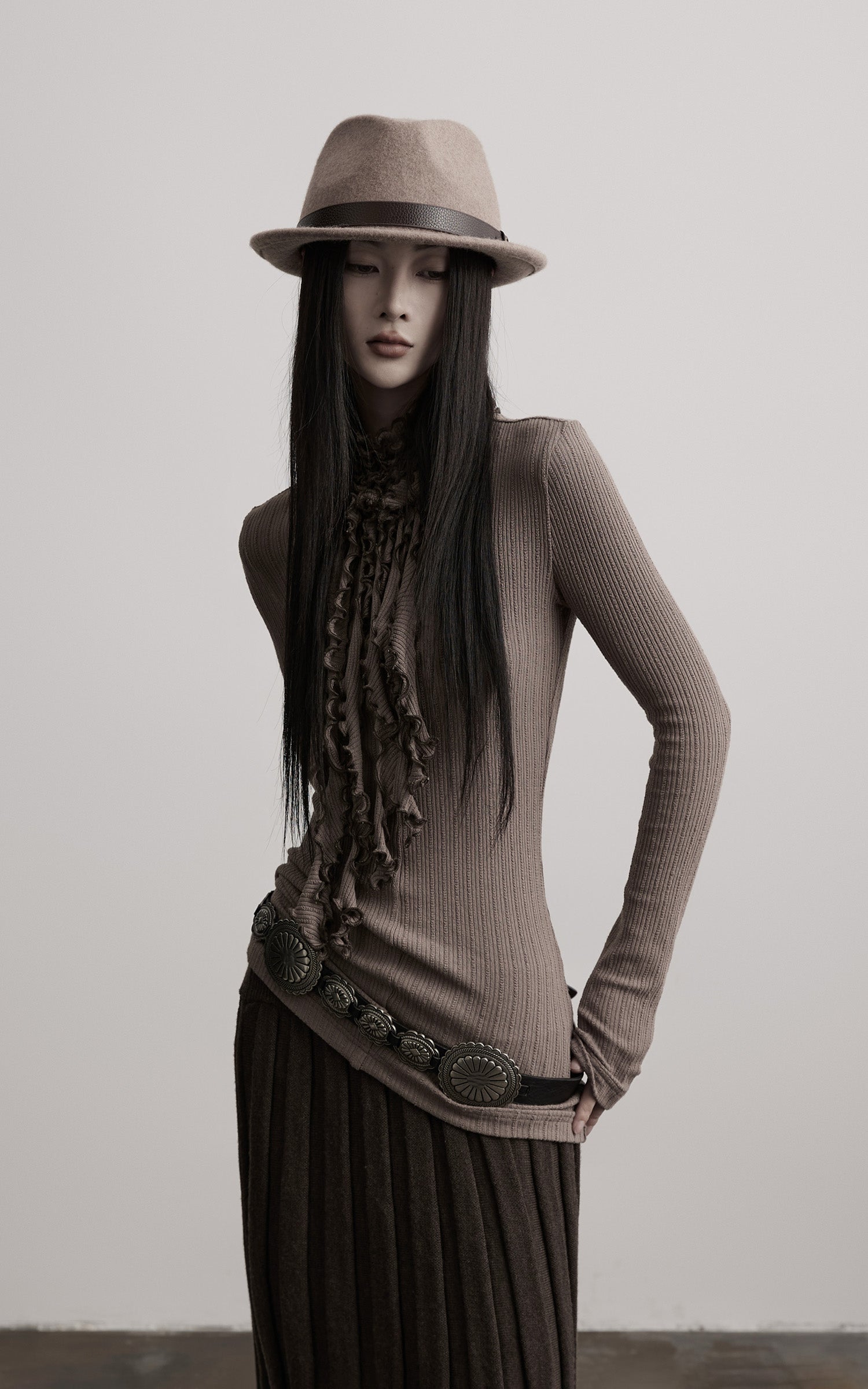 INDULGE Ruched High-Neck Rib Knit Top