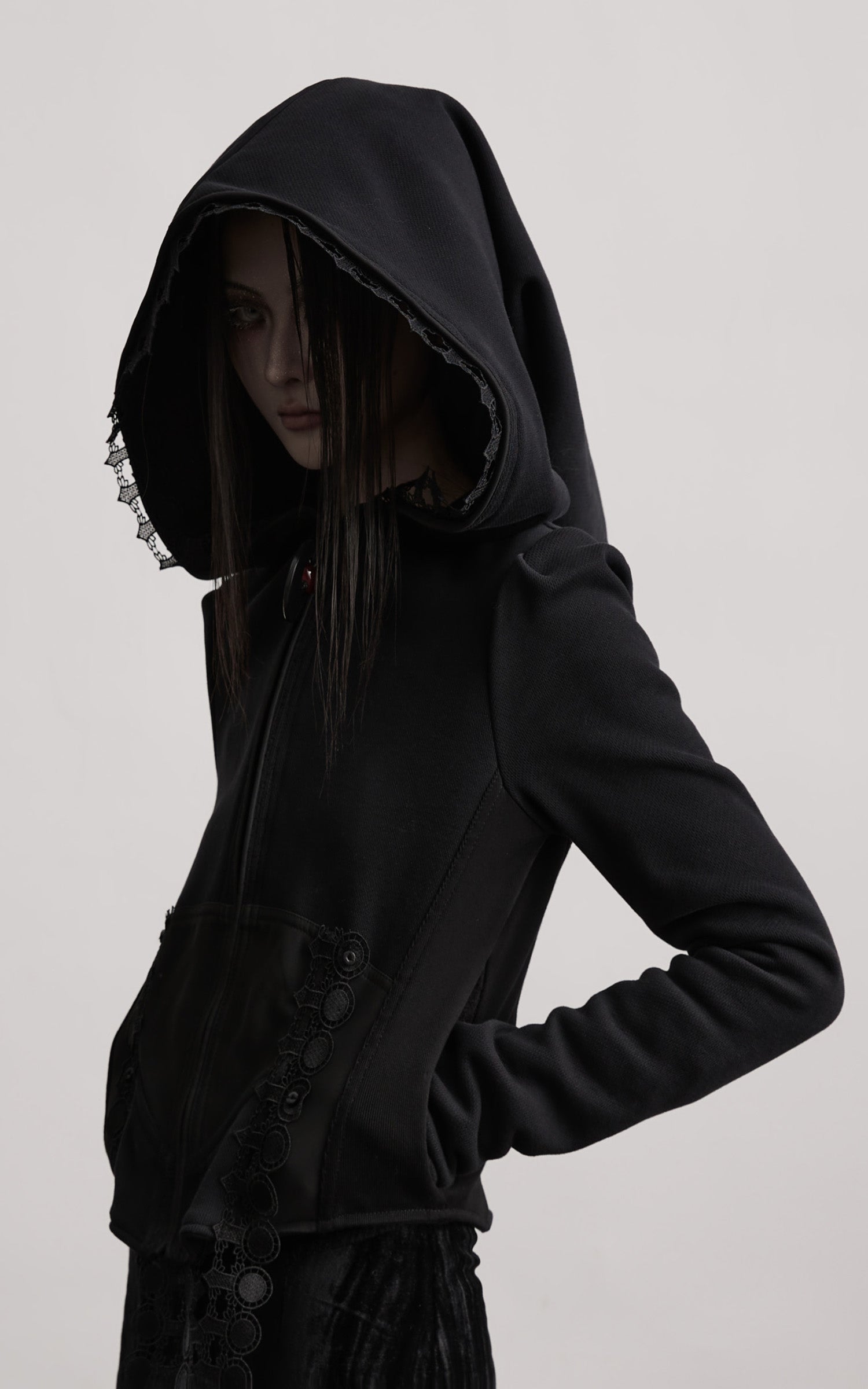 INDULGE Long-Hood Gothic Jacket with Lace Trim and Sculpted Corset Detail