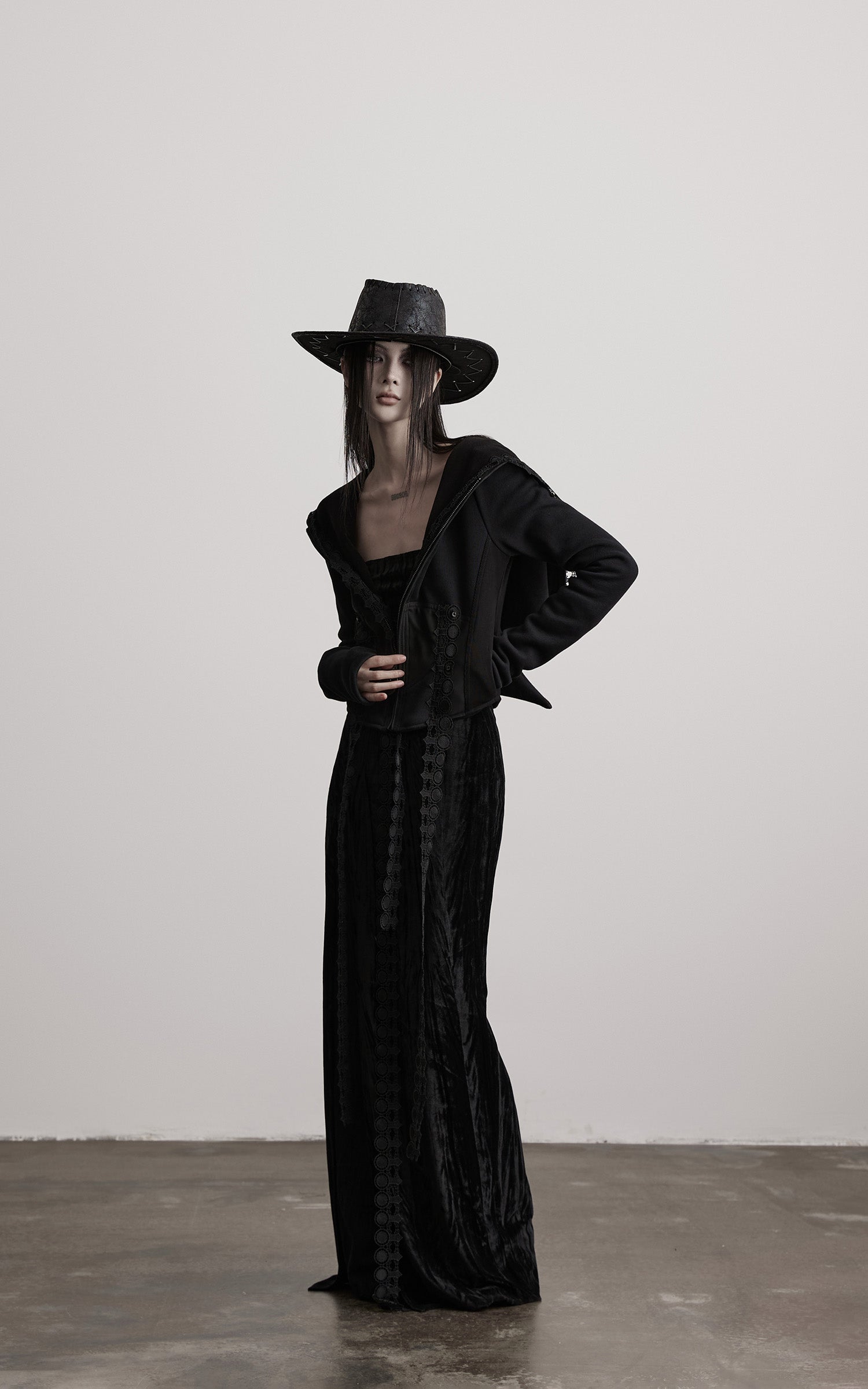 INDULGE Long-Hood Gothic Jacket with Lace Trim and Sculpted Corset Detail