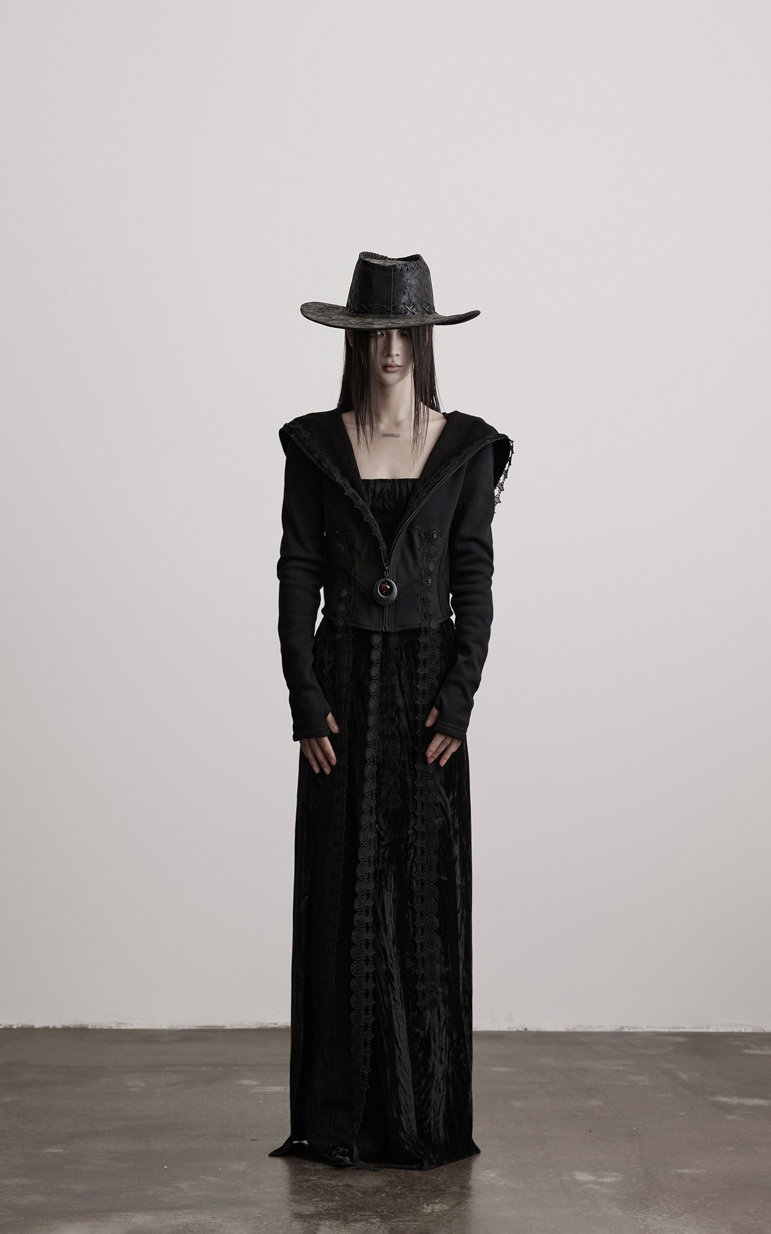 INDULGE Long-Hood Gothic Jacket with Lace Trim and Sculpted Corset Detail