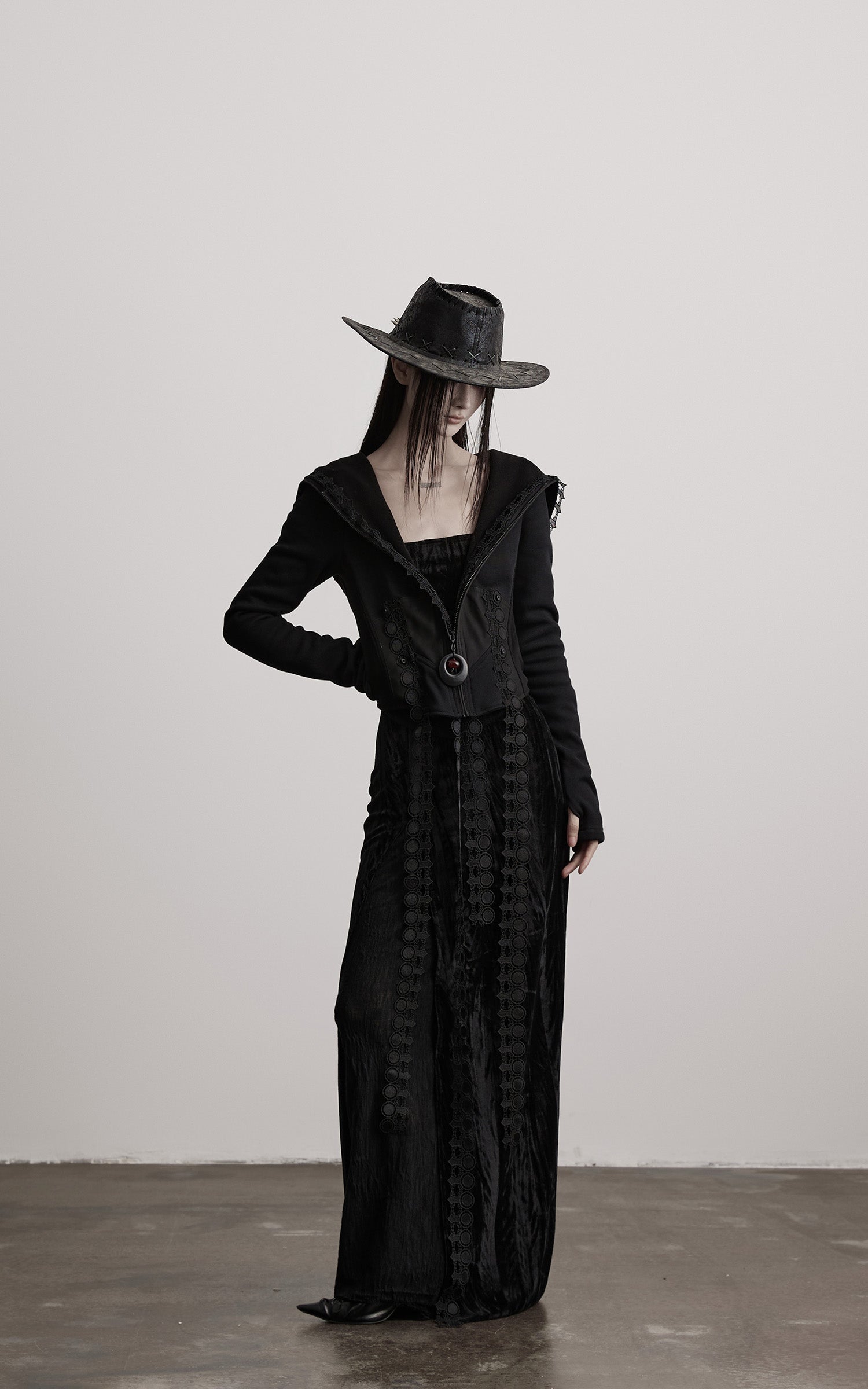 INDULGE Long-Hood Gothic Jacket with Lace Trim and Sculpted Corset Detail