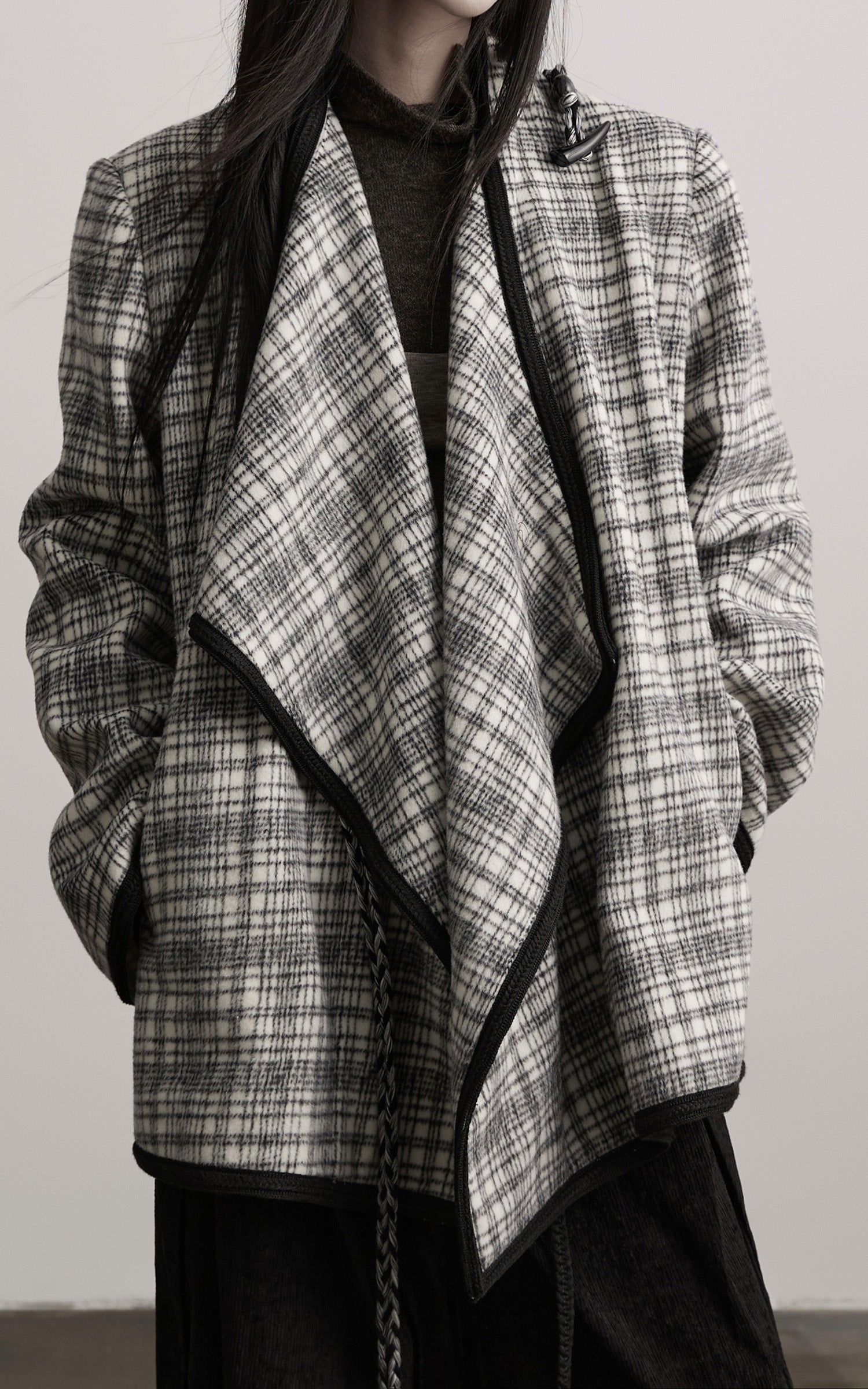 INDULGE Structured Fleece-Lined Plaid Jacket with Asymmetric Drape and Braided Closure