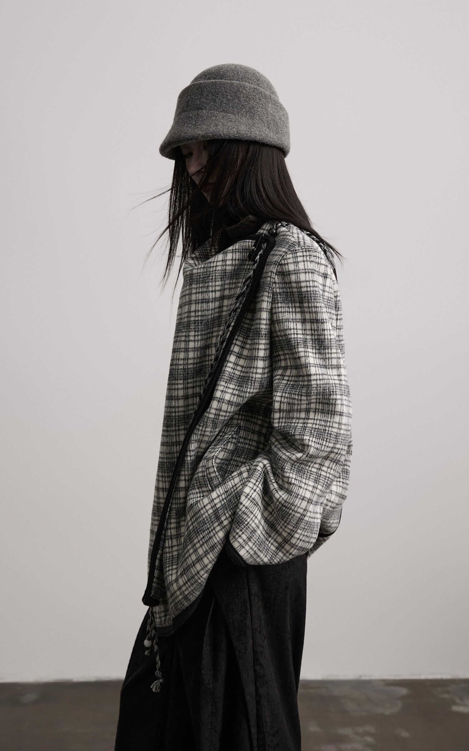 INDULGE Structured Fleece-Lined Plaid Jacket with Asymmetric Drape and Braided Closure