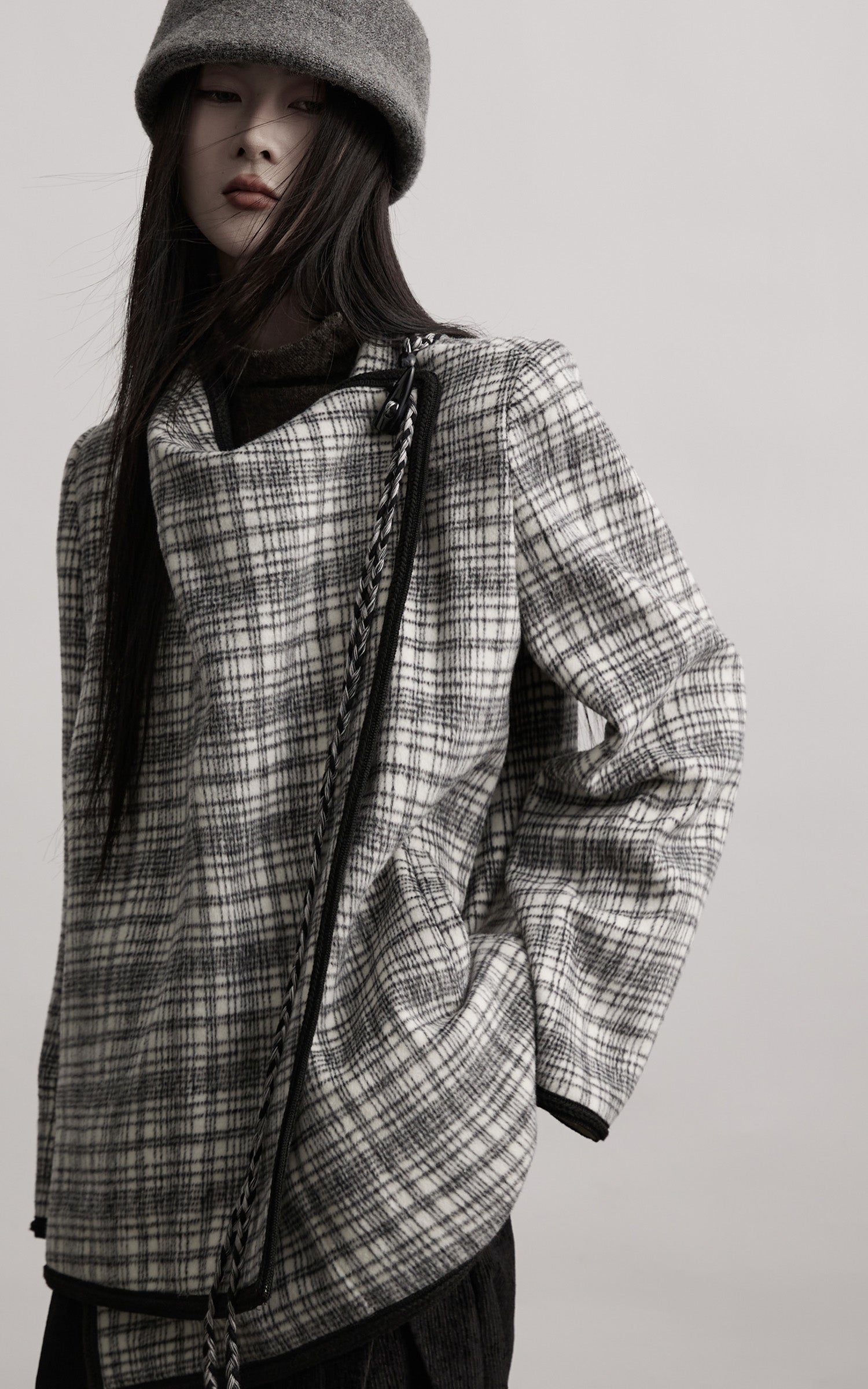 INDULGE Structured Fleece-Lined Plaid Jacket with Asymmetric Drape and Braided Closure