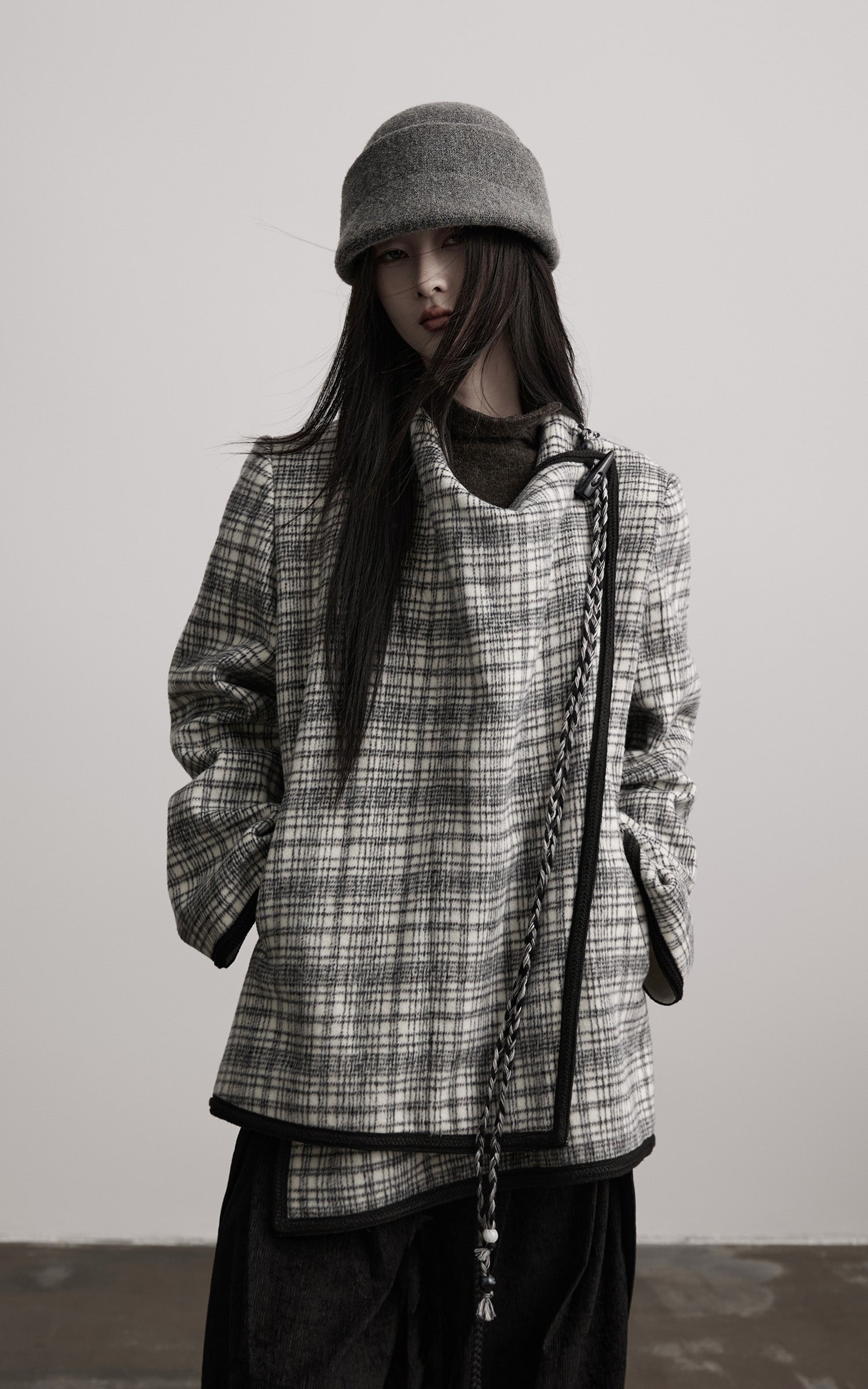 INDULGE Structured Fleece-Lined Plaid Jacket with Asymmetric Drape and Braided Closure