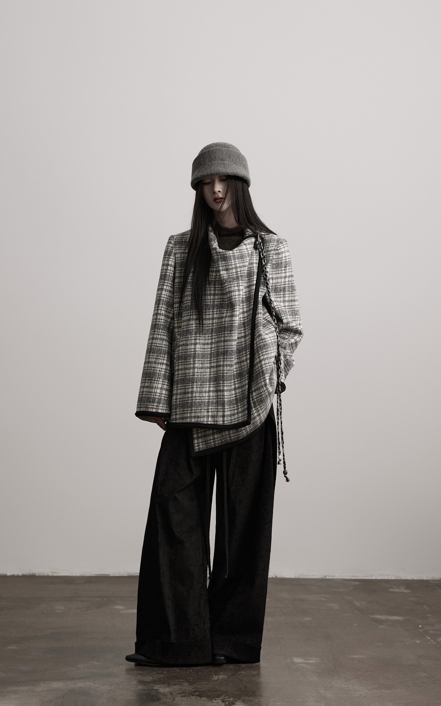 INDULGE Structured Fleece-Lined Plaid Jacket with Asymmetric Drape and Braided Closure