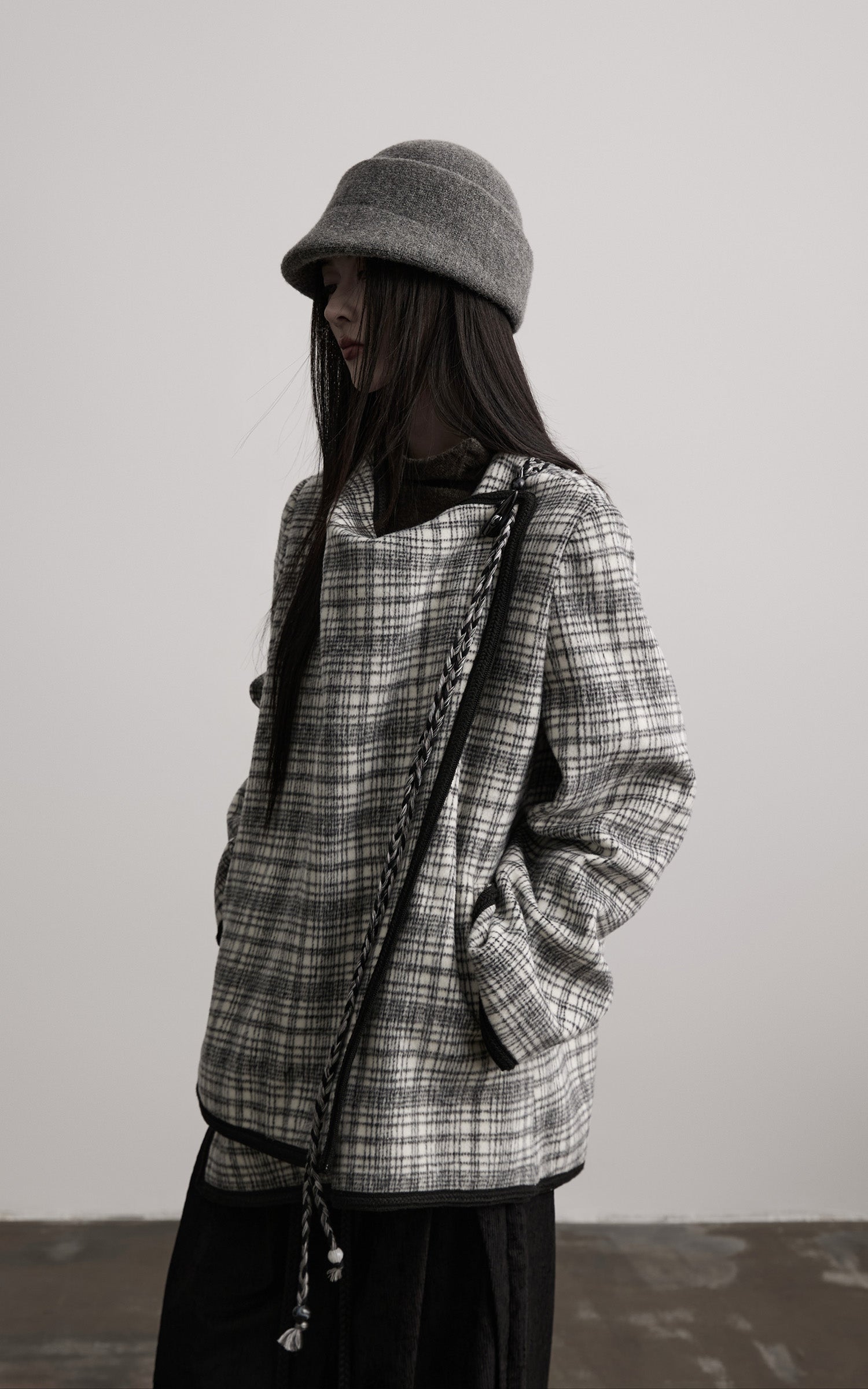 INDULGE Structured Fleece-Lined Plaid Jacket with Asymmetric Drape and Braided Closure