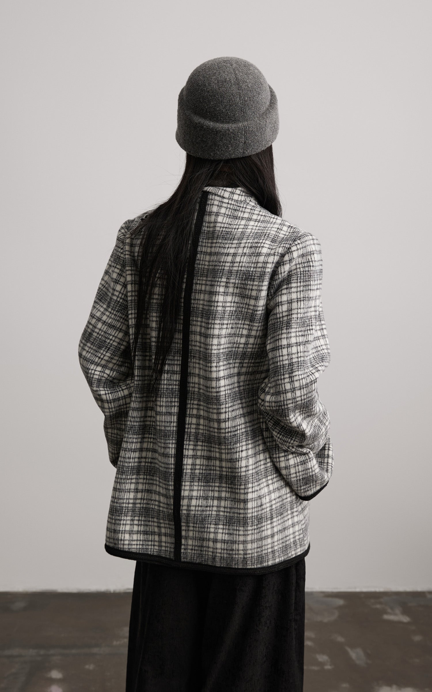 INDULGE Structured Fleece-Lined Plaid Jacket with Asymmetric Drape and Braided Closure