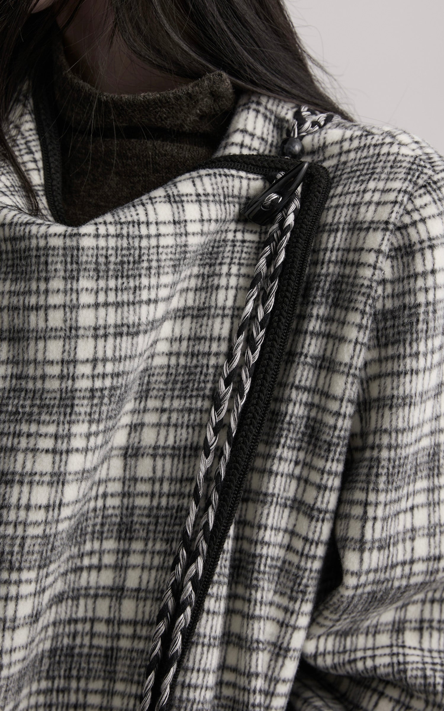 INDULGE Structured Fleece-Lined Plaid Jacket with Asymmetric Drape and Braided Closure