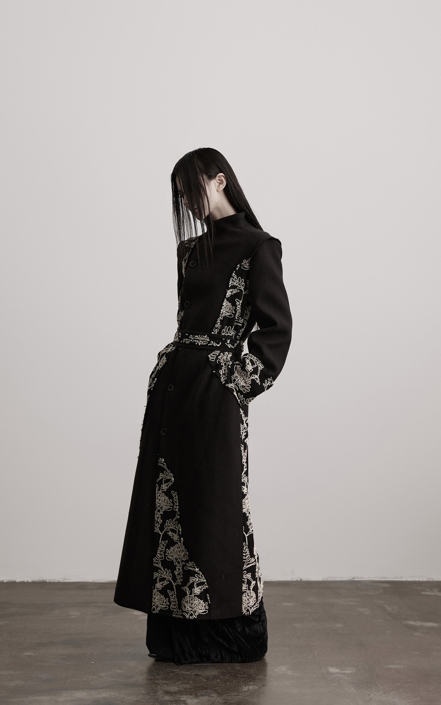 INDULGE Embroidered Asymmetric Long Coat