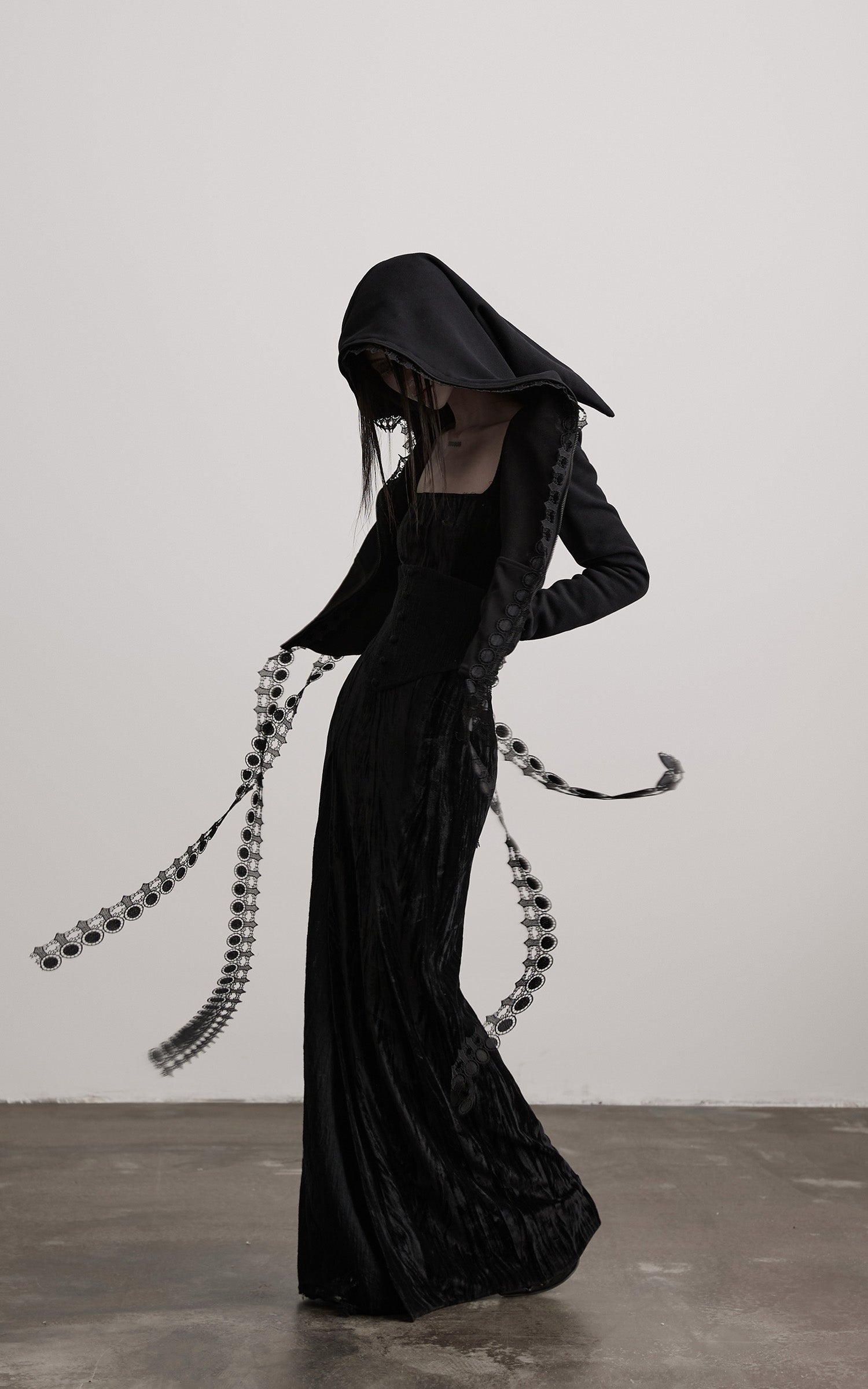 INDULGE Long-Hood Gothic Jacket with Lace Trim and Sculpted Corset Detail