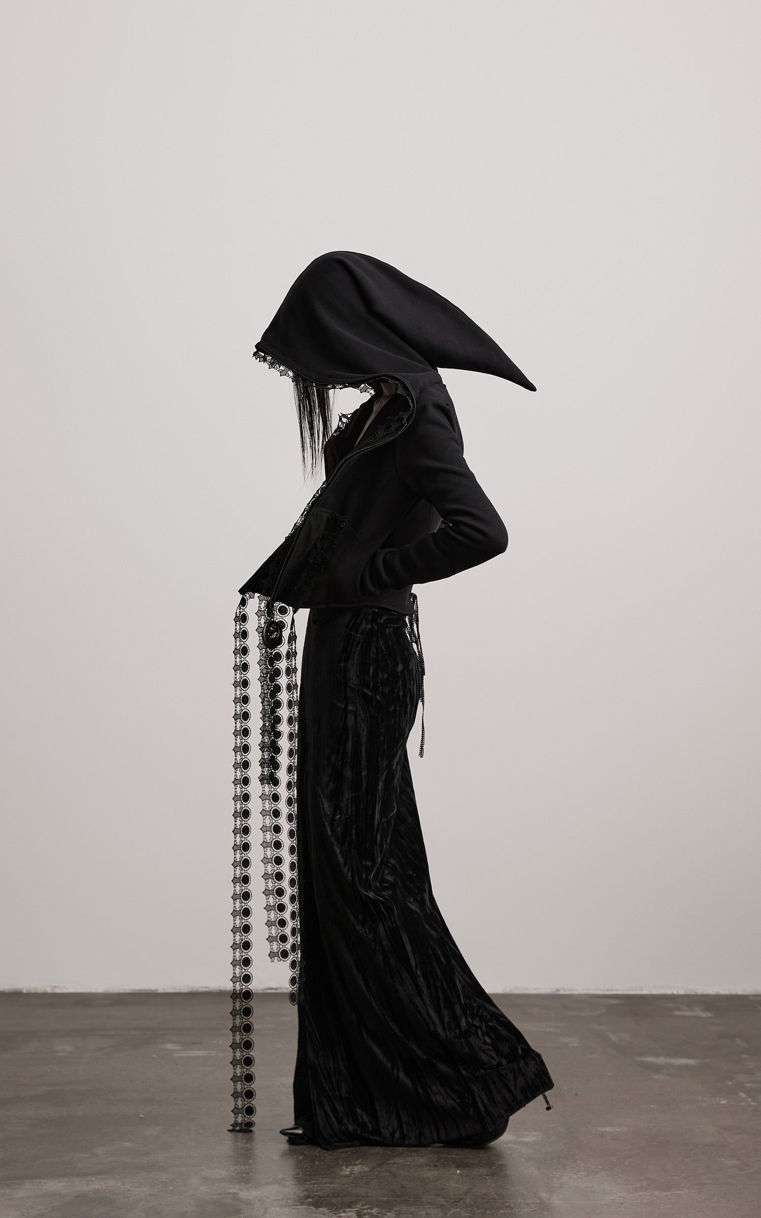 INDULGE Long-Hood Gothic Jacket with Lace Trim and Sculpted Corset Detail