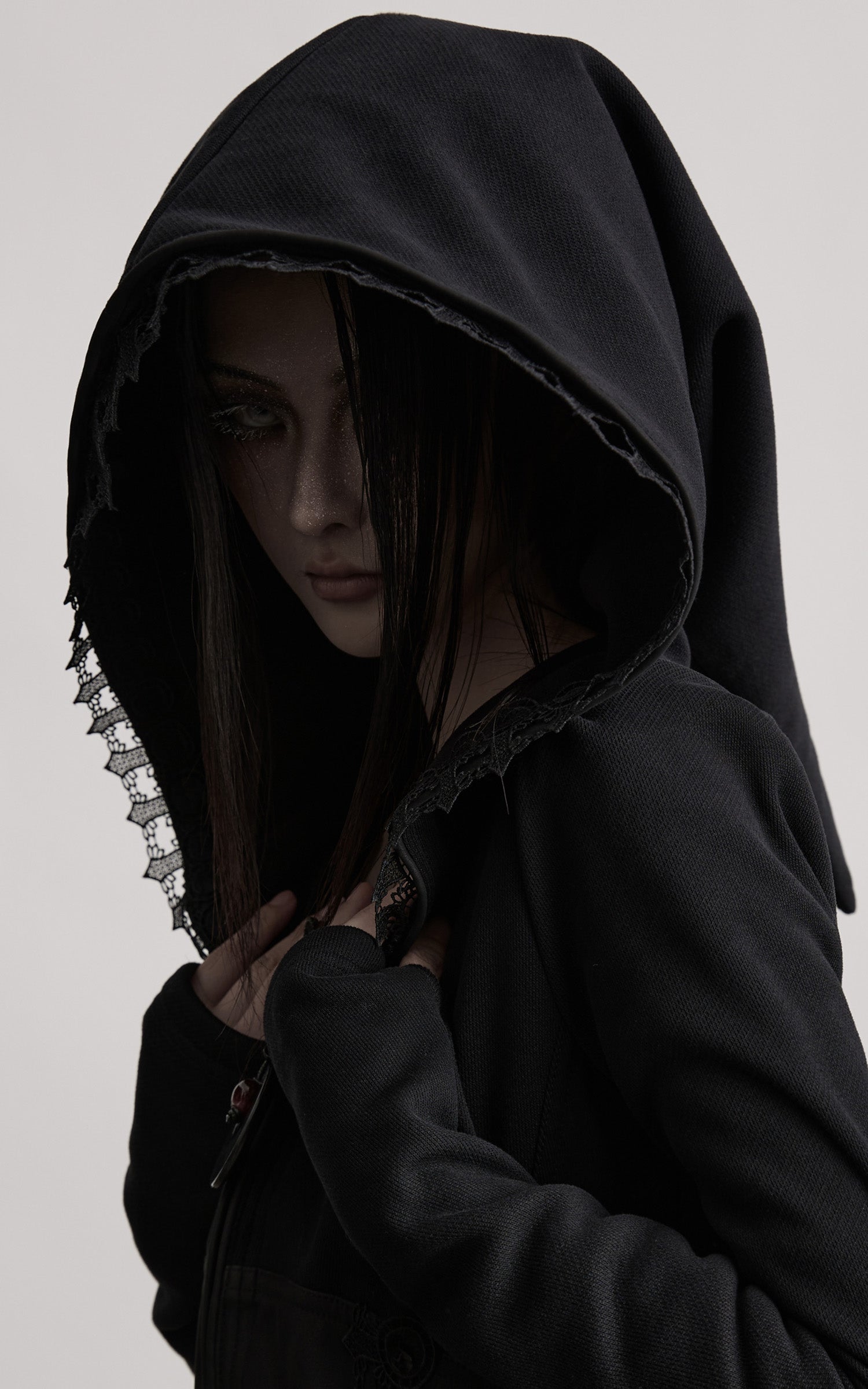 INDULGE Long-Hood Gothic Jacket with Lace Trim and Sculpted Corset Detail