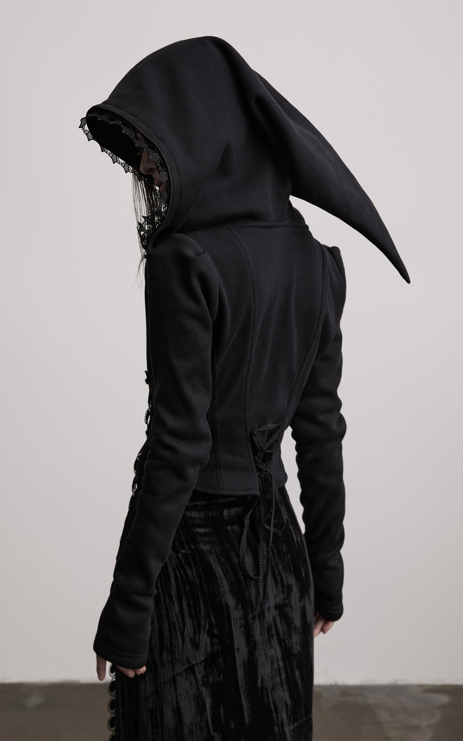 INDULGE Long-Hood Gothic Jacket with Lace Trim and Sculpted Corset Detail