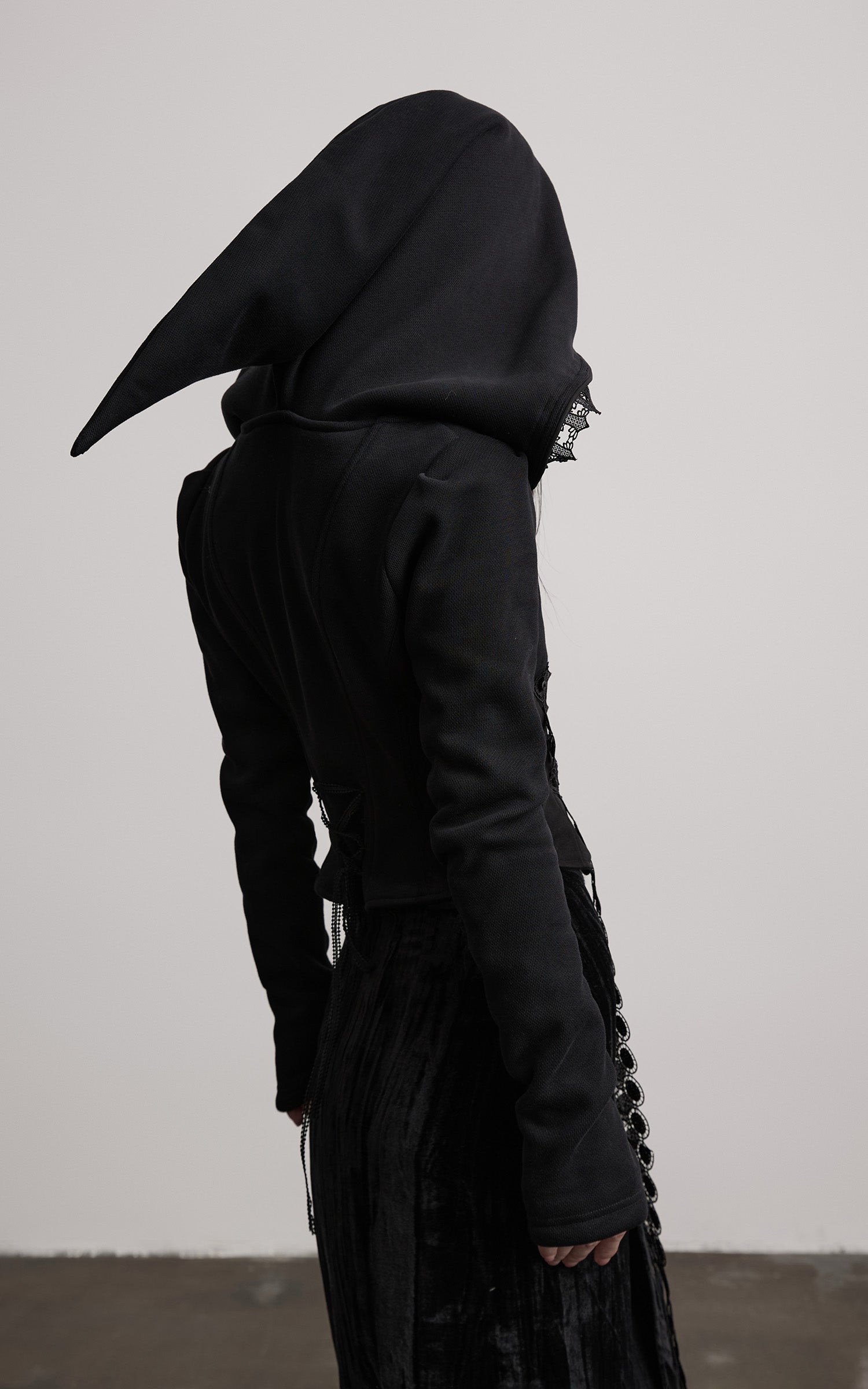 INDULGE Long-Hood Gothic Jacket with Lace Trim and Sculpted Corset Detail