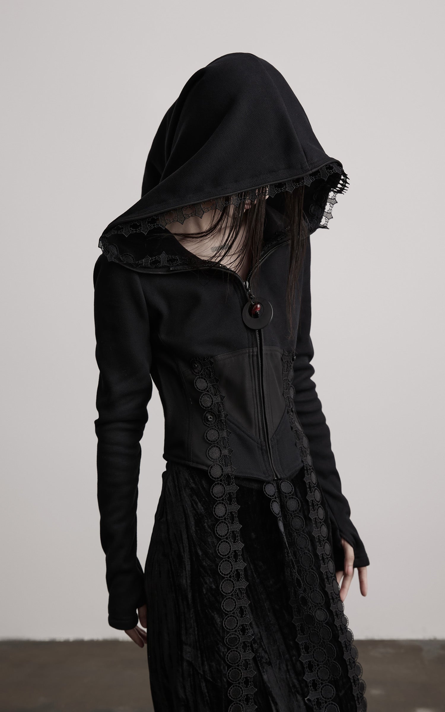 INDULGE Long-Hood Gothic Jacket with Lace Trim and Sculpted Corset Detail