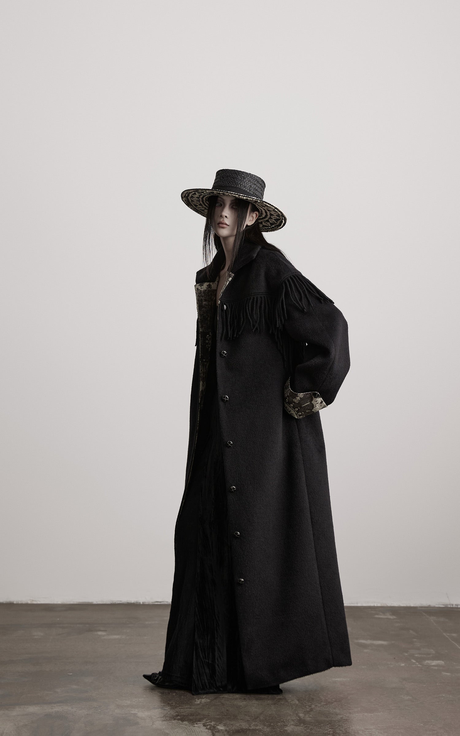 INDULGE Fringe-Detail Long Coat with Contrasting Patterned Lining