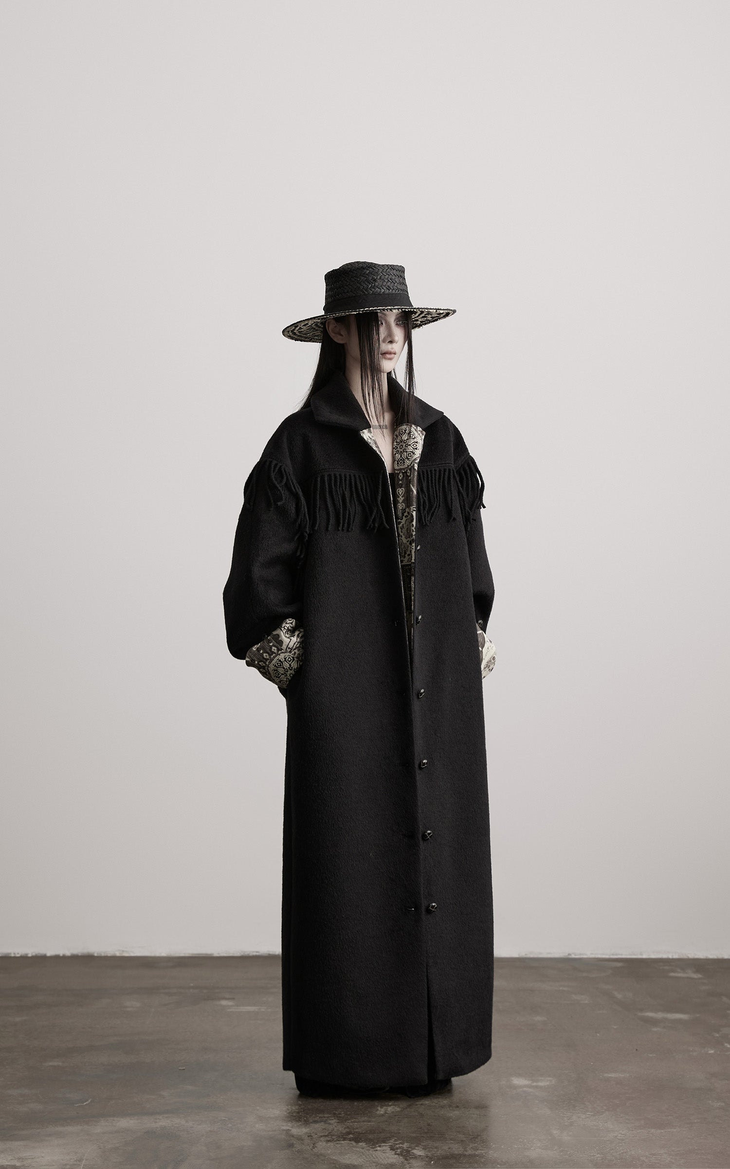 INDULGE Fringe-Detail Long Coat with Contrasting Patterned Lining