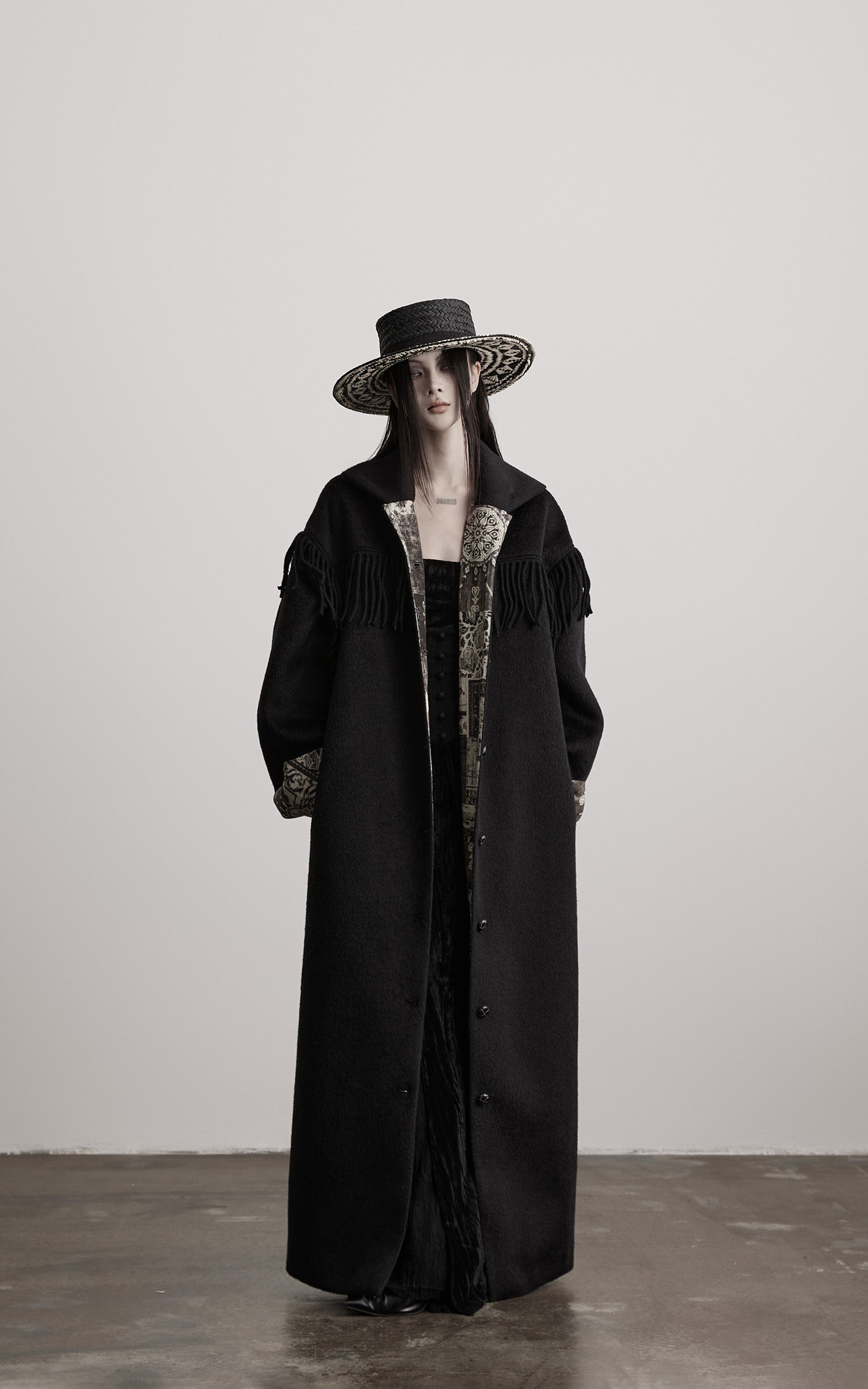INDULGE Fringe-Detail Long Coat with Contrasting Patterned Lining