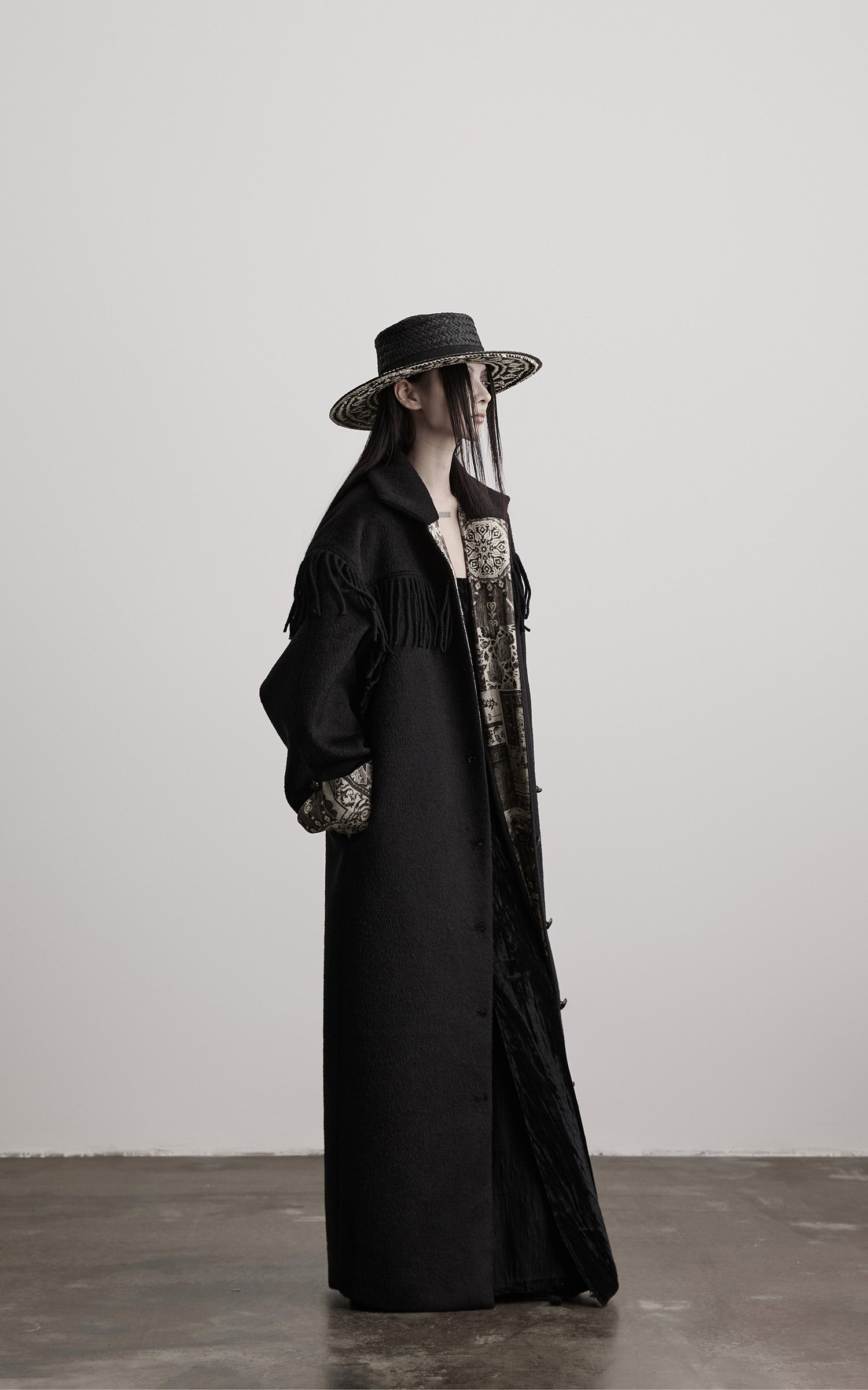 INDULGE Fringe-Detail Long Coat with Contrasting Patterned Lining