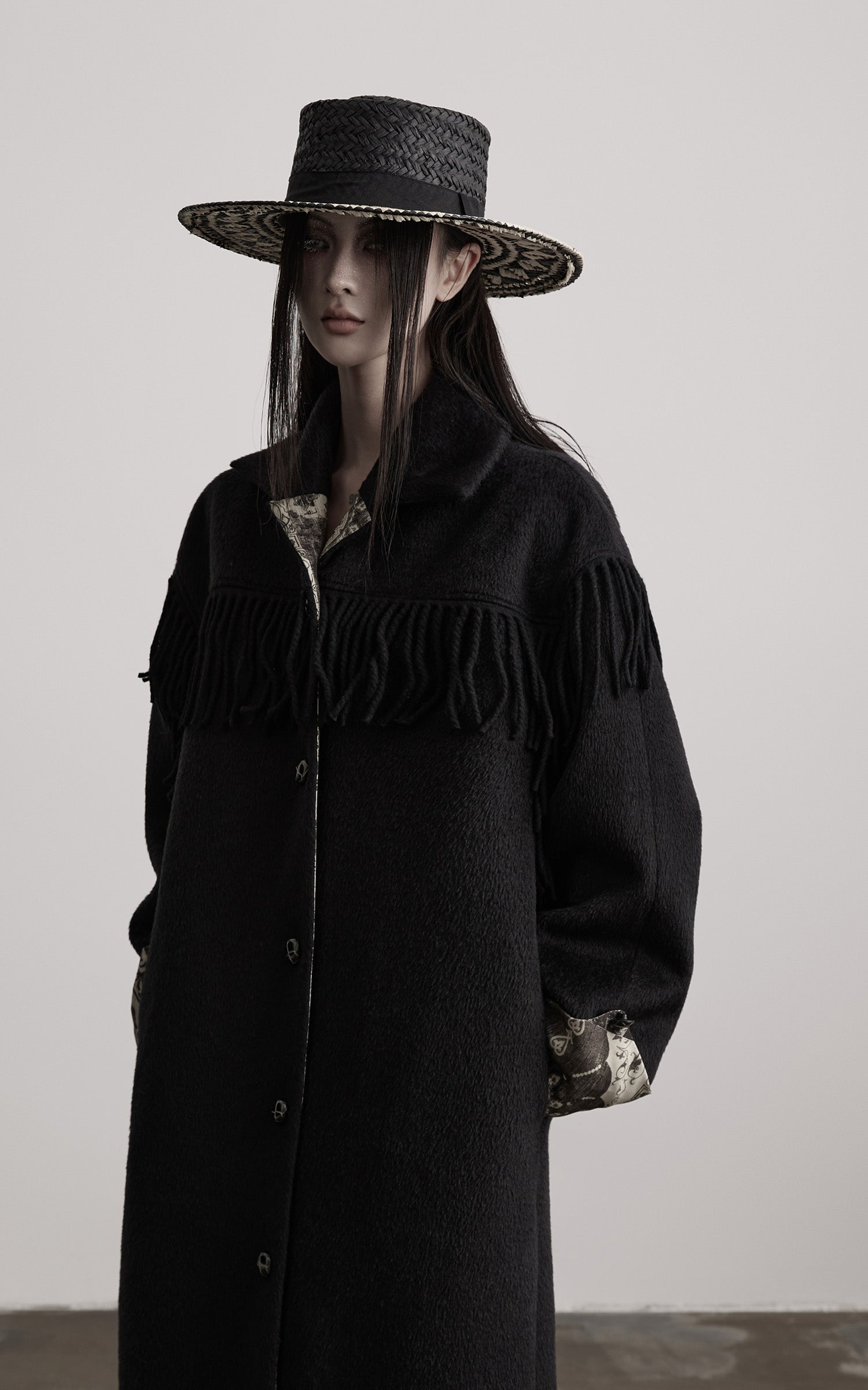 INDULGE Fringe-Detail Long Coat with Contrasting Patterned Lining