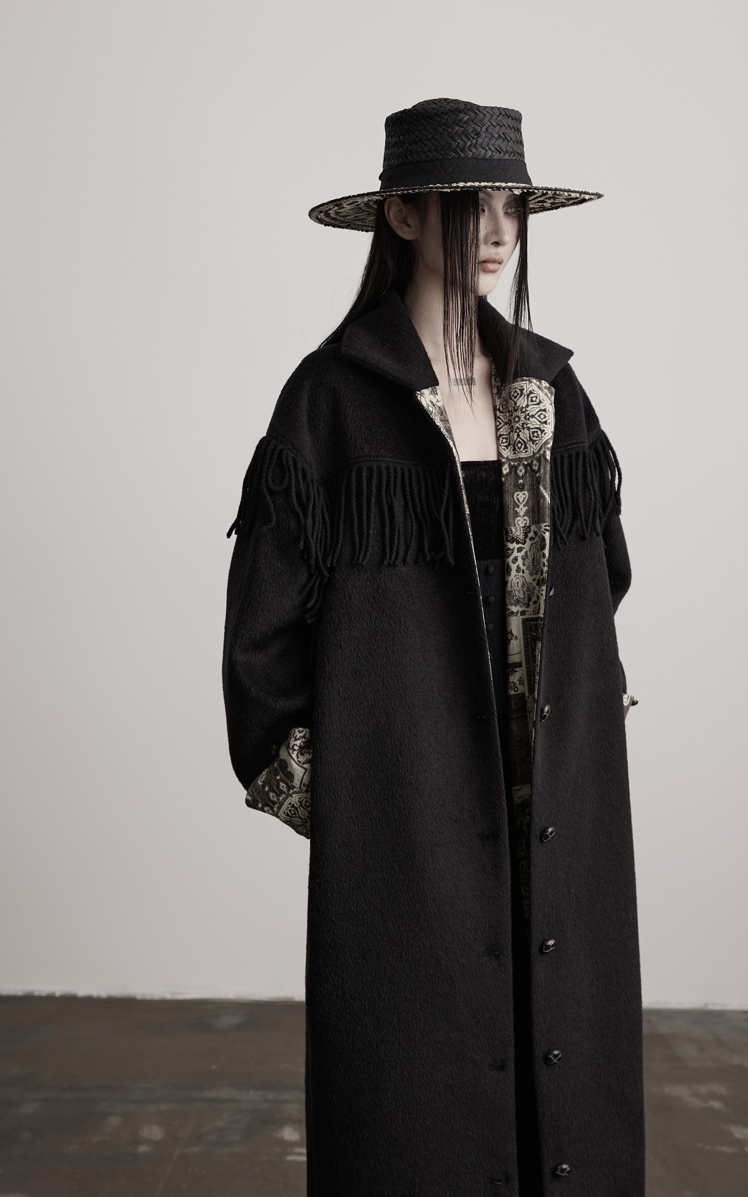 INDULGE Fringe-Detail Long Coat with Contrasting Patterned Lining