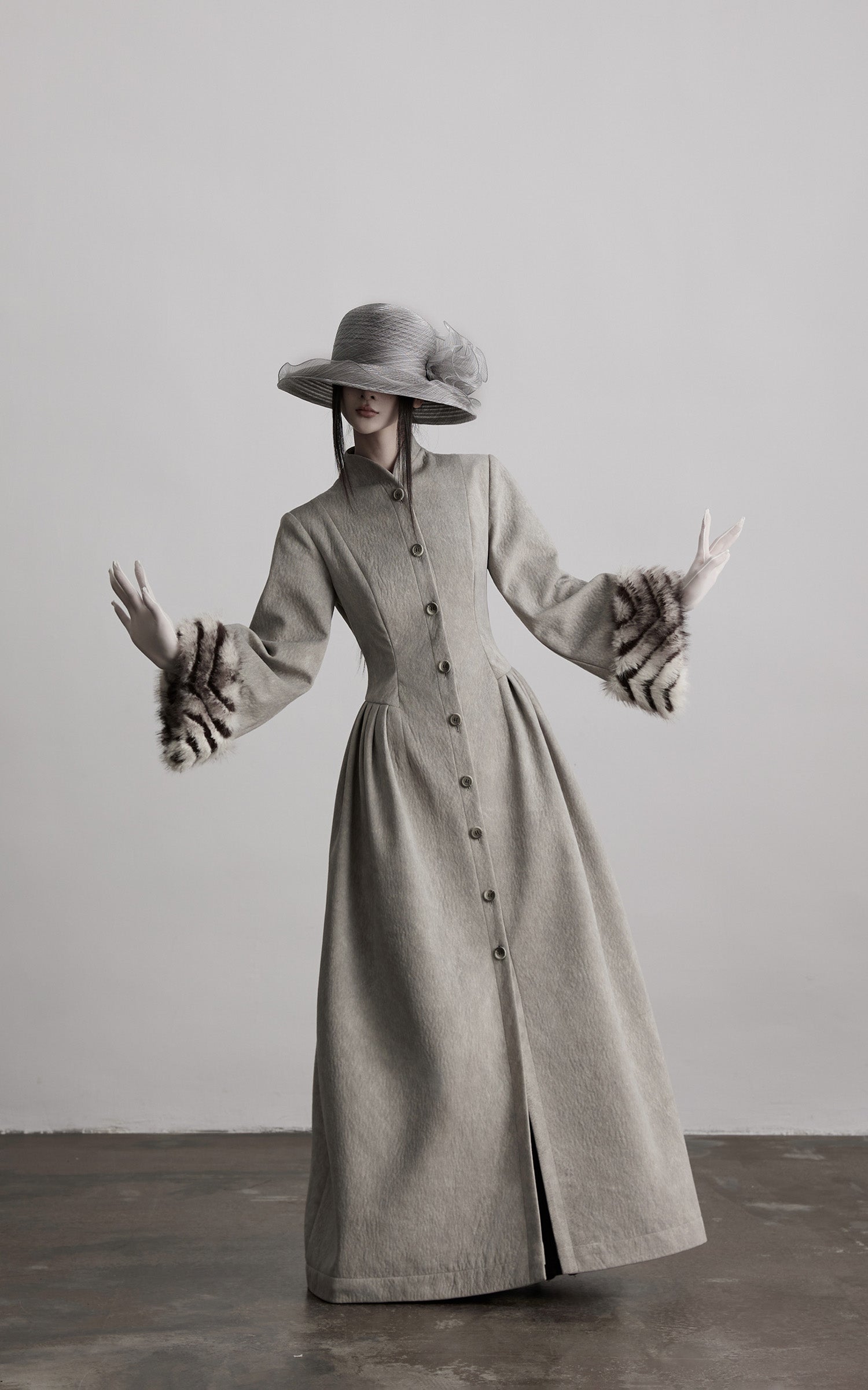 INDULGE Sculptural Long Coat with Faux-Fur Cuffs