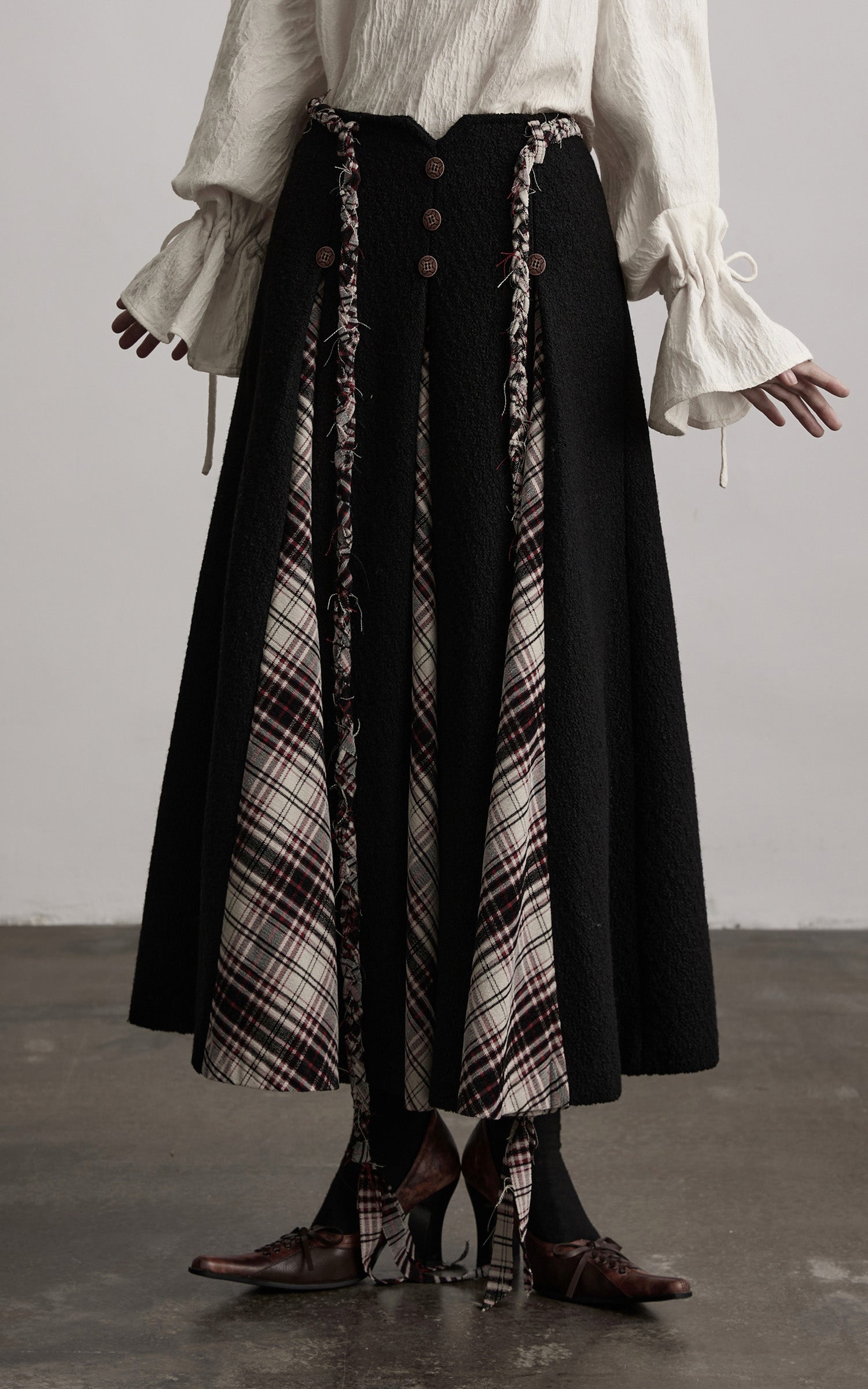 INDULGE Panelled Wool Skirt with Braided Trim and Tartan Inserts