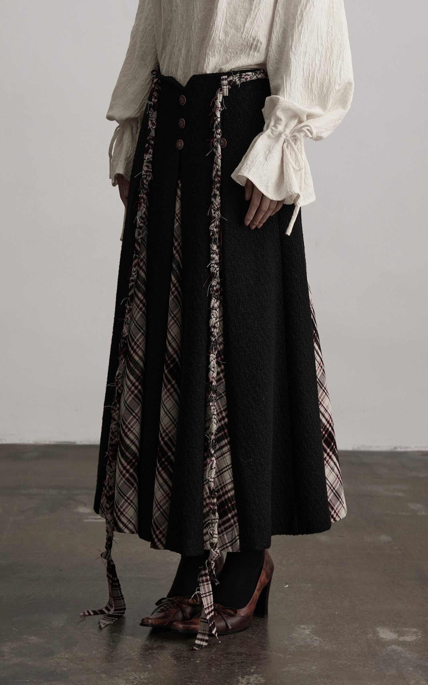 INDULGE Panelled Wool Skirt with Braided Trim and Tartan Inserts