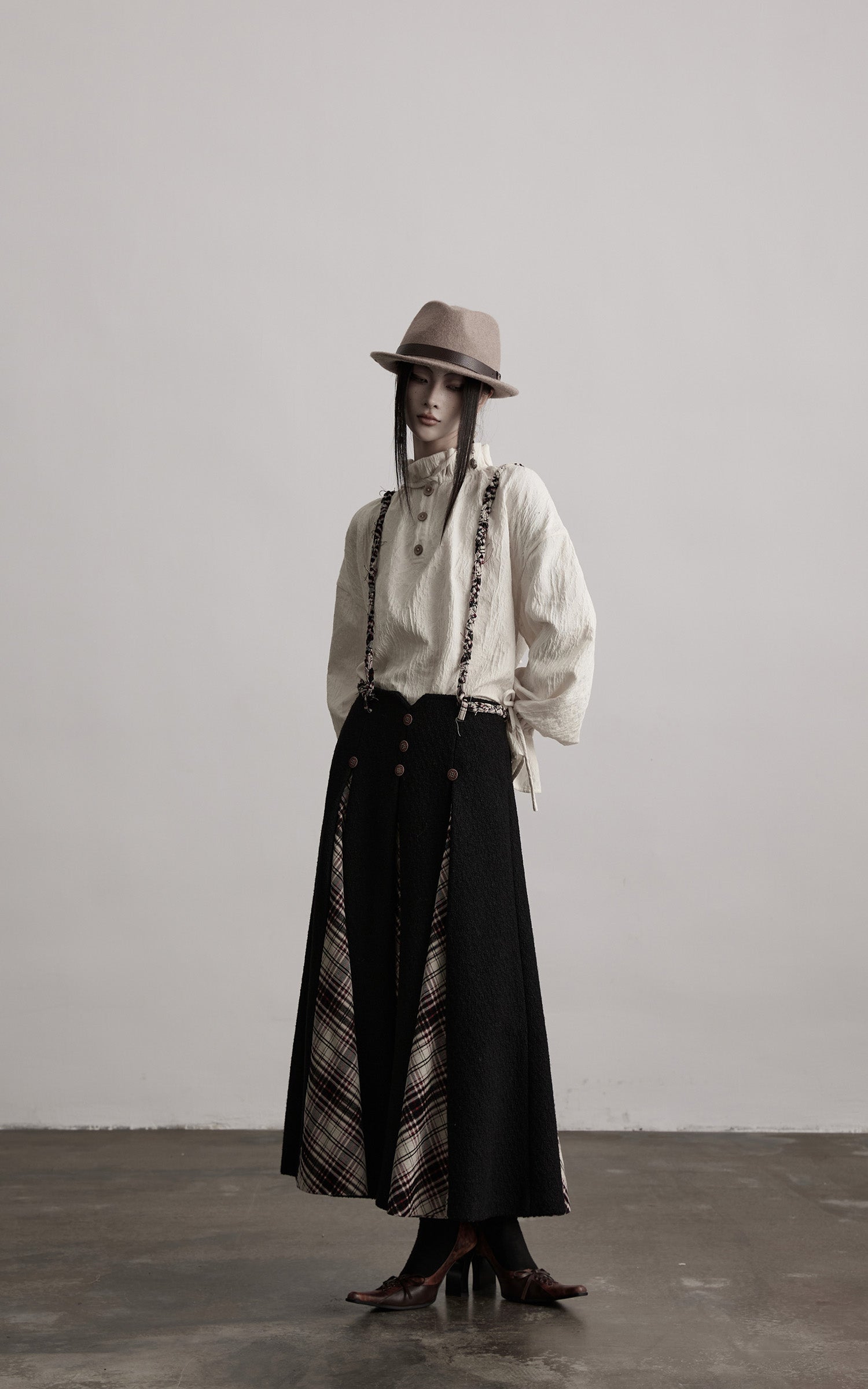 INDULGE Panelled Wool Skirt with Braided Trim and Tartan Inserts