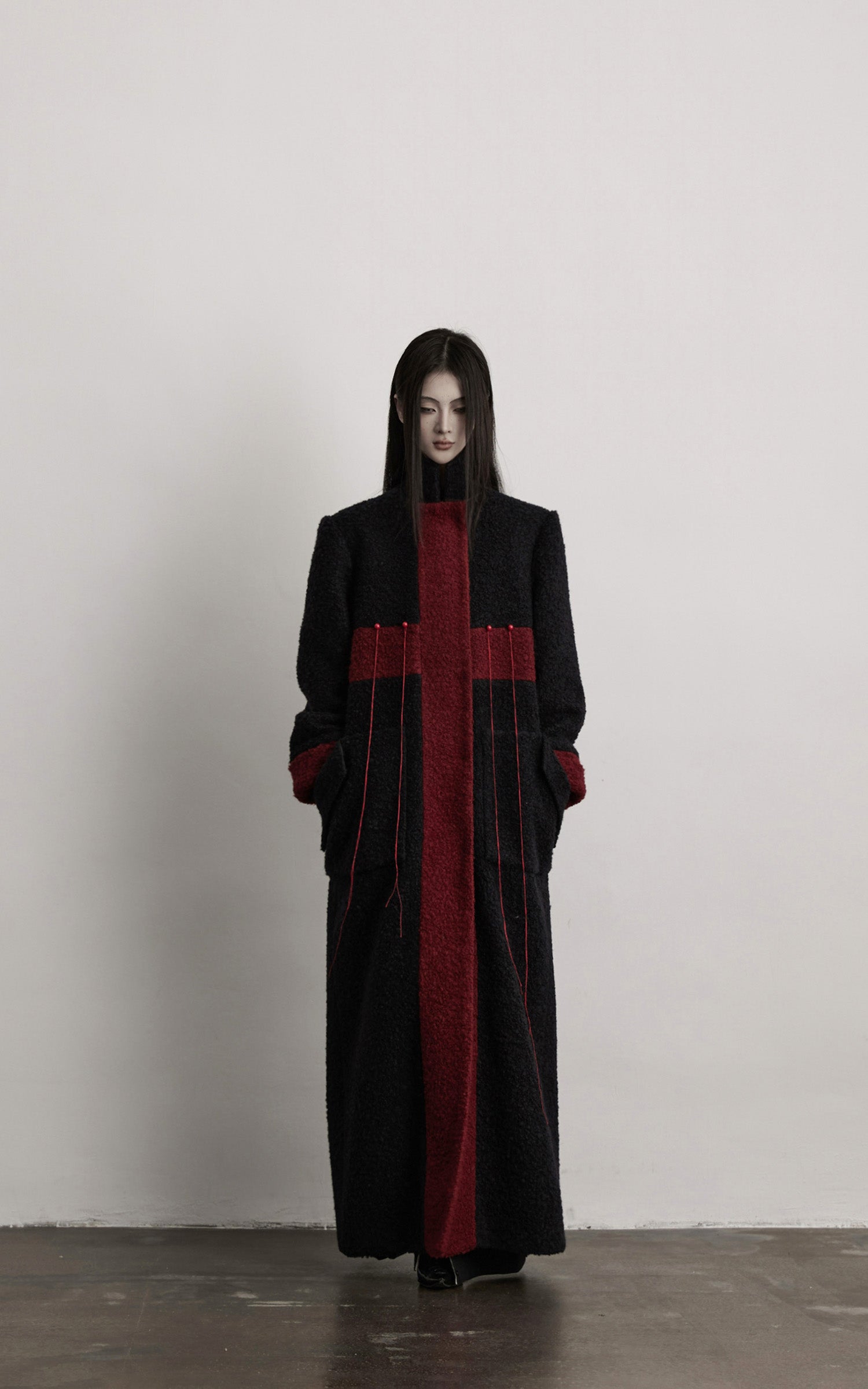 INDULGE Wool-Blend Contrast Panel Long Coat