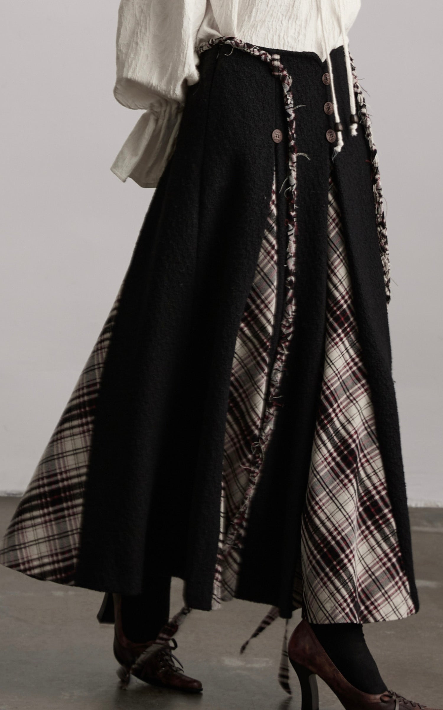 INDULGE Panelled Wool Skirt with Braided Trim and Tartan Inserts
