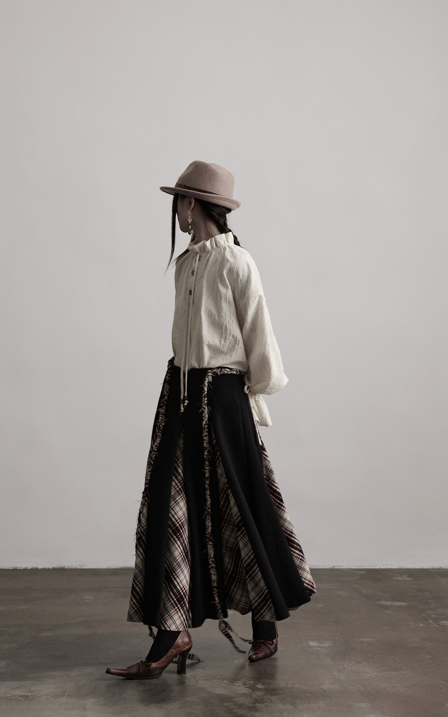 INDULGE Panelled Wool Skirt with Braided Trim and Tartan Inserts