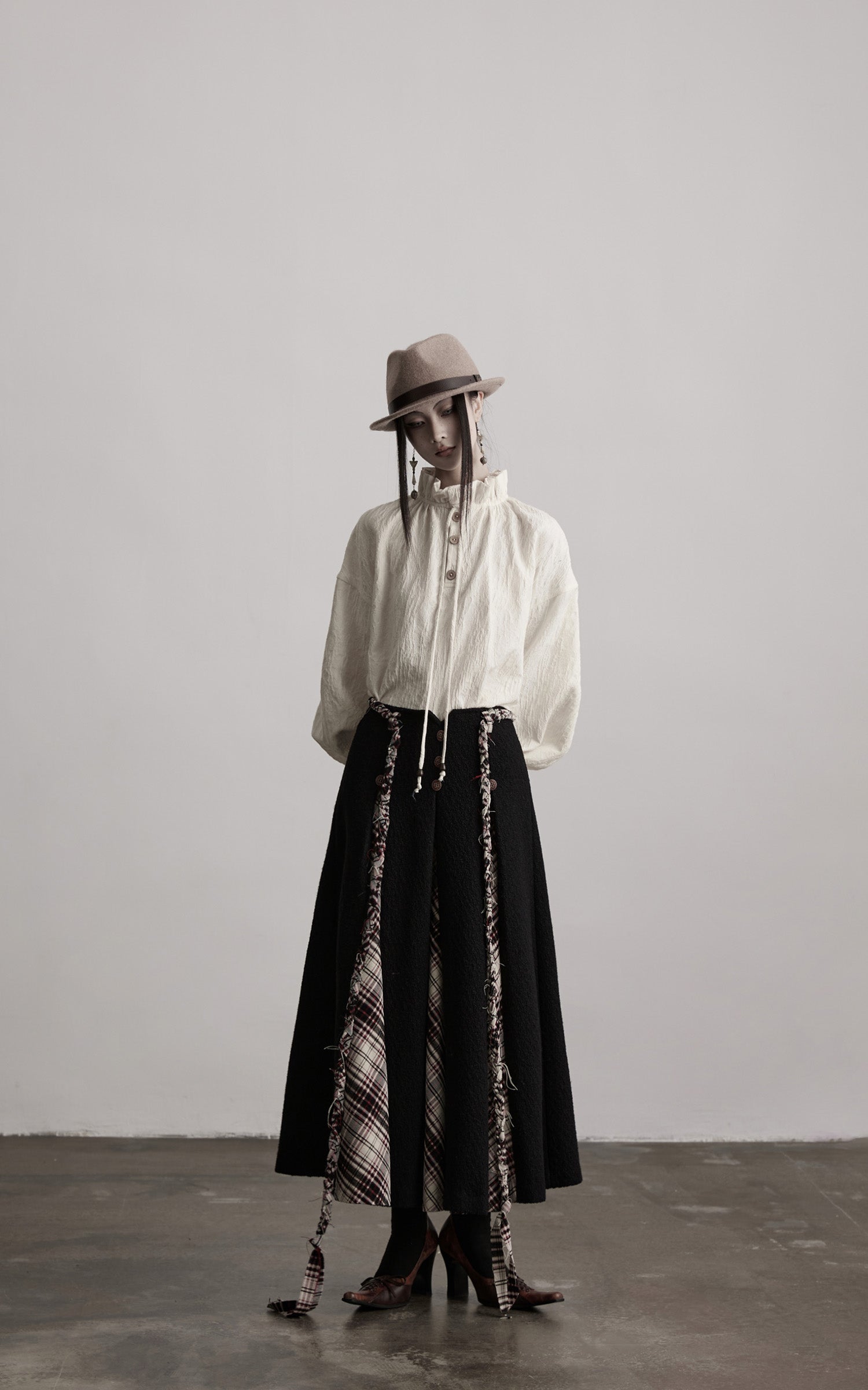 INDULGE Panelled Wool Skirt with Braided Trim and Tartan Inserts