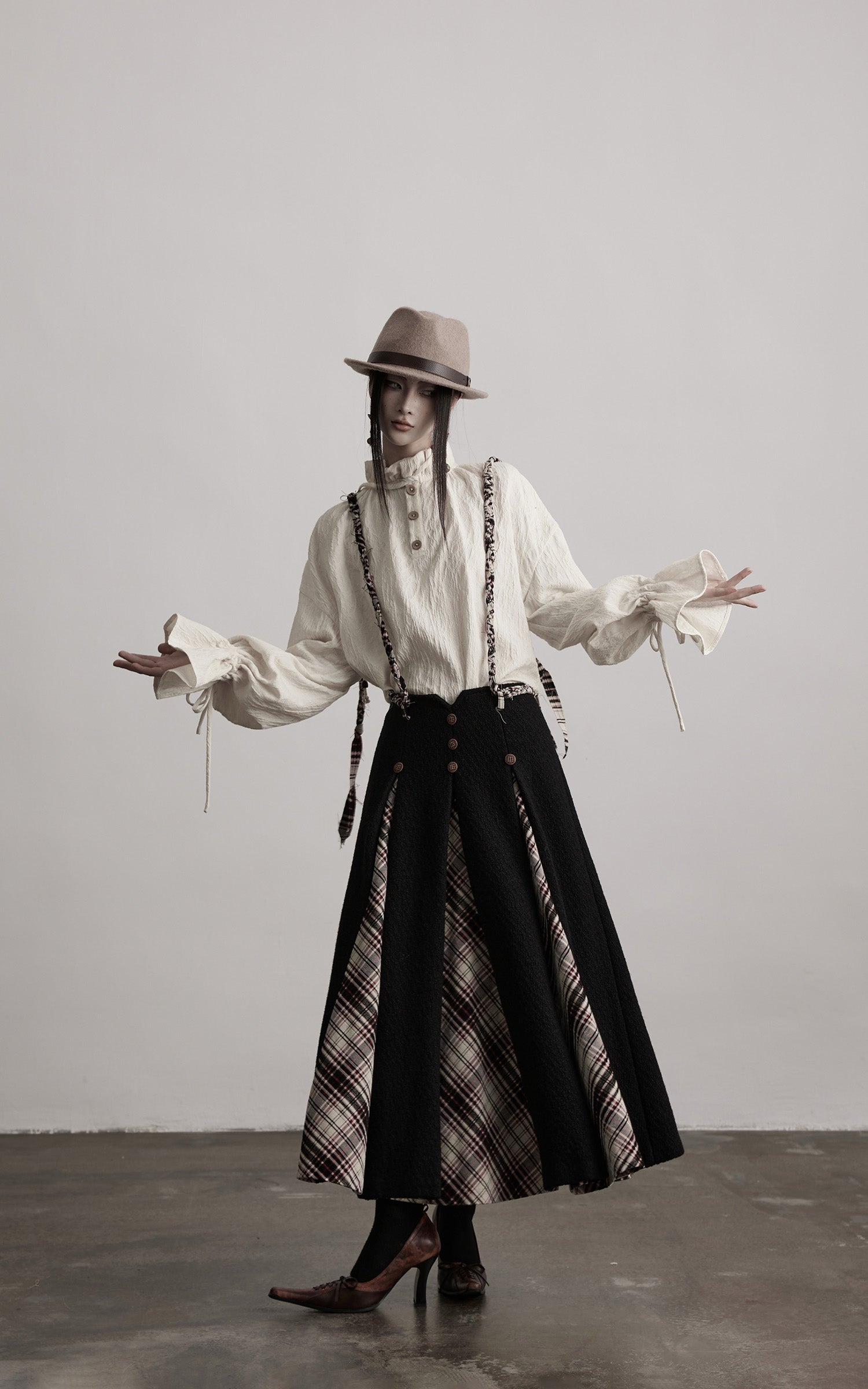 INDULGE Panelled Wool Skirt with Braided Trim and Tartan Inserts