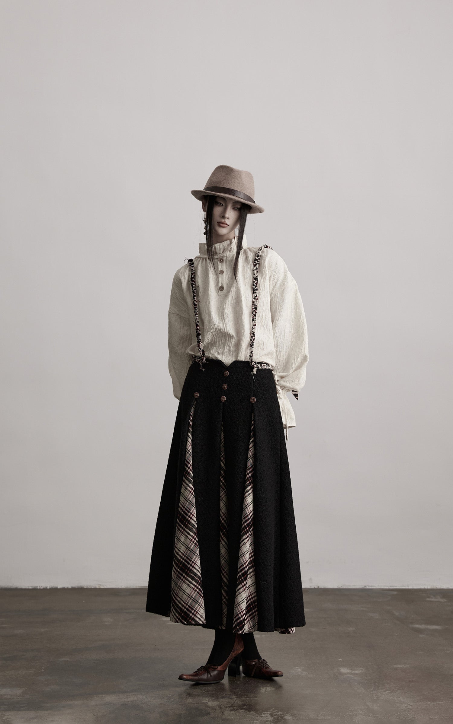 INDULGE Panelled Wool Skirt with Braided Trim and Tartan Inserts