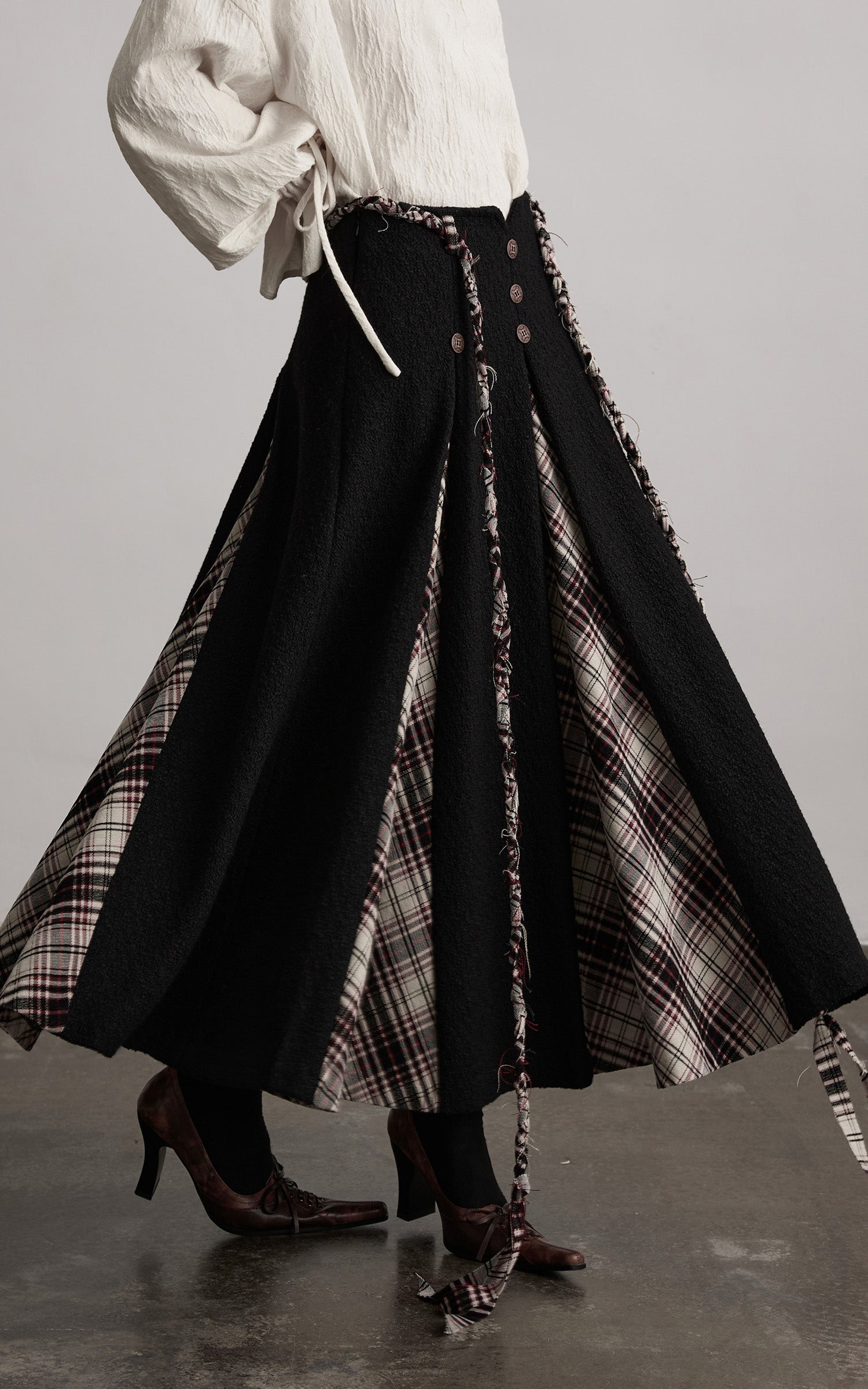 INDULGE Panelled Wool Skirt with Braided Trim and Tartan Inserts