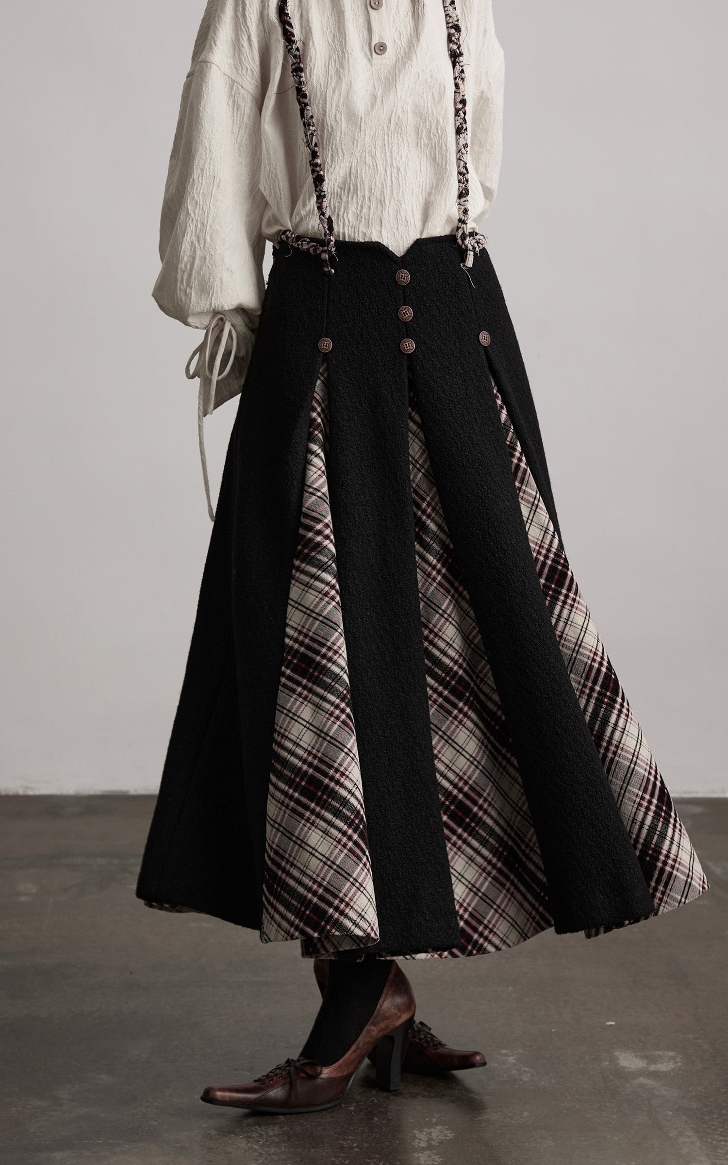 INDULGE Panelled Wool Skirt with Braided Trim and Tartan Inserts