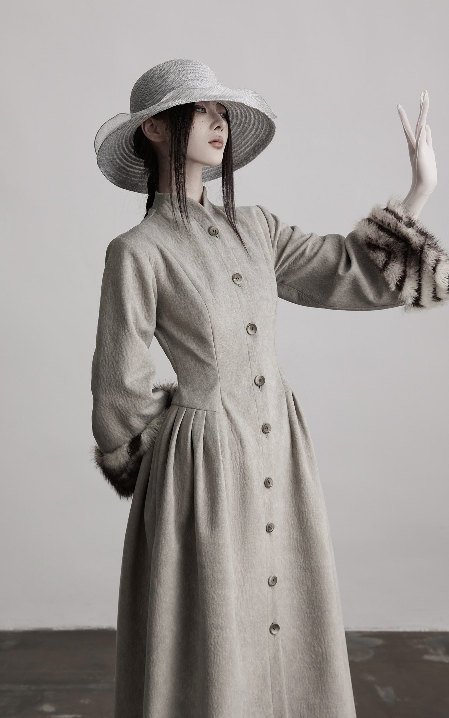 INDULGE Sculptural Long Coat with Faux-Fur Cuffs