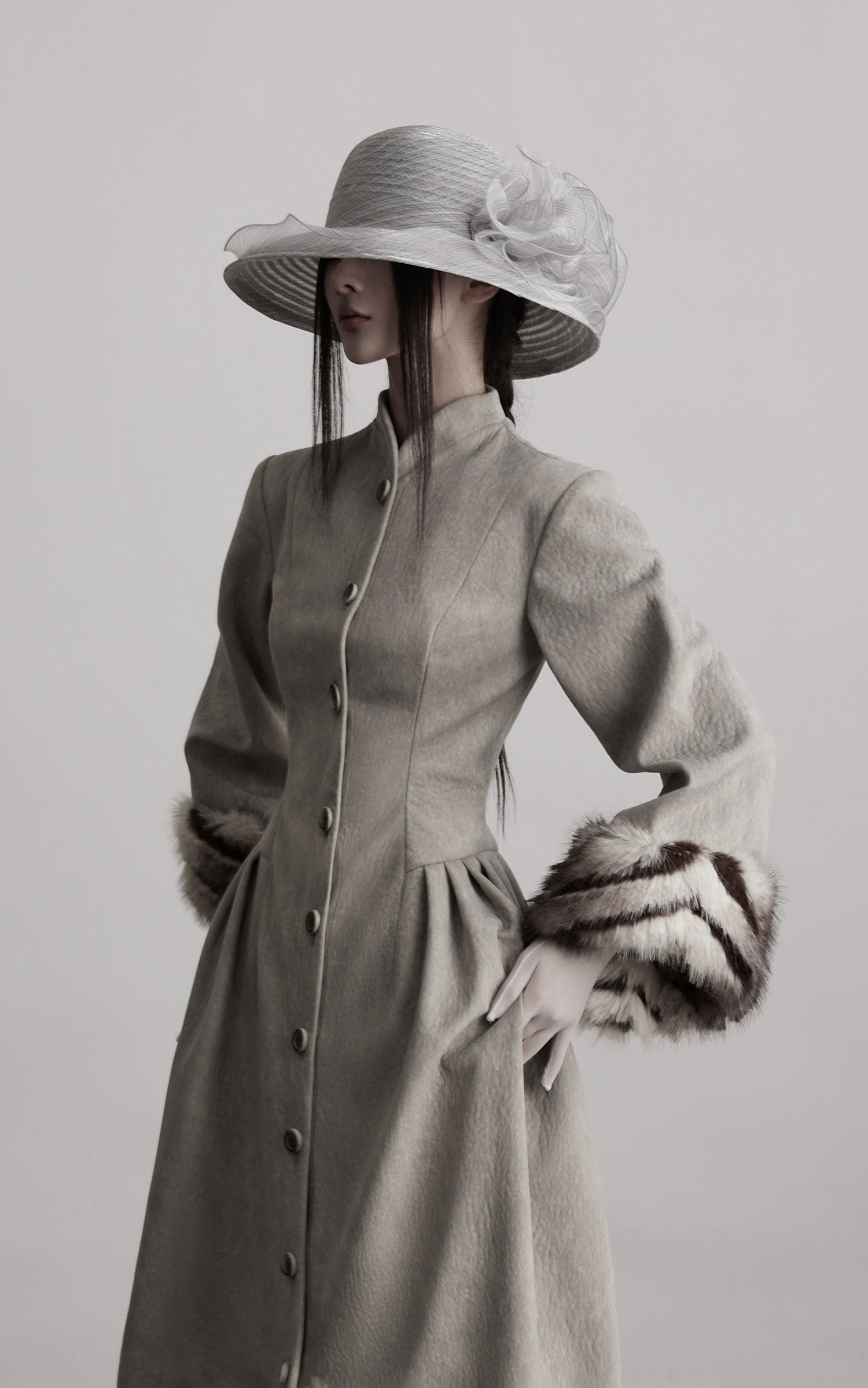 INDULGE Sculptural Long Coat with Faux-Fur Cuffs