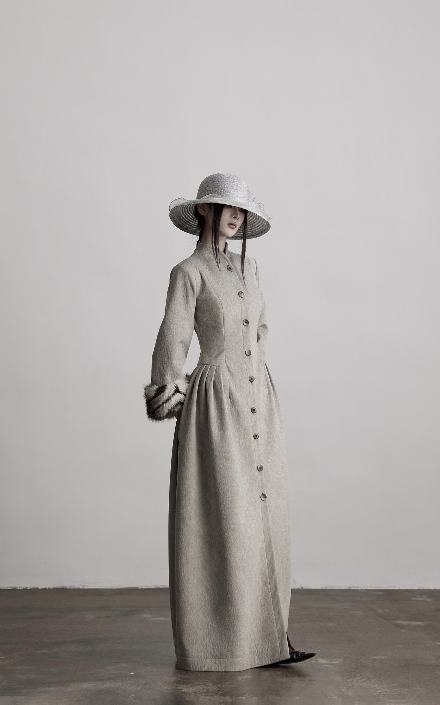 INDULGE Sculptural Long Coat with Faux-Fur Cuffs