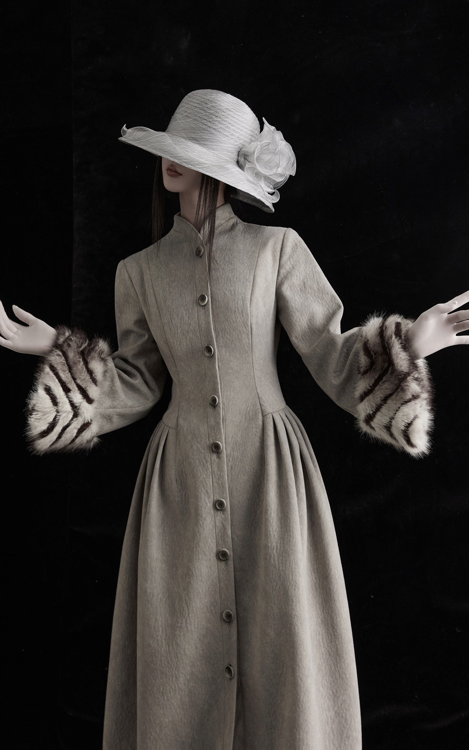 INDULGE Sculptural Long Coat with Faux-Fur Cuffs