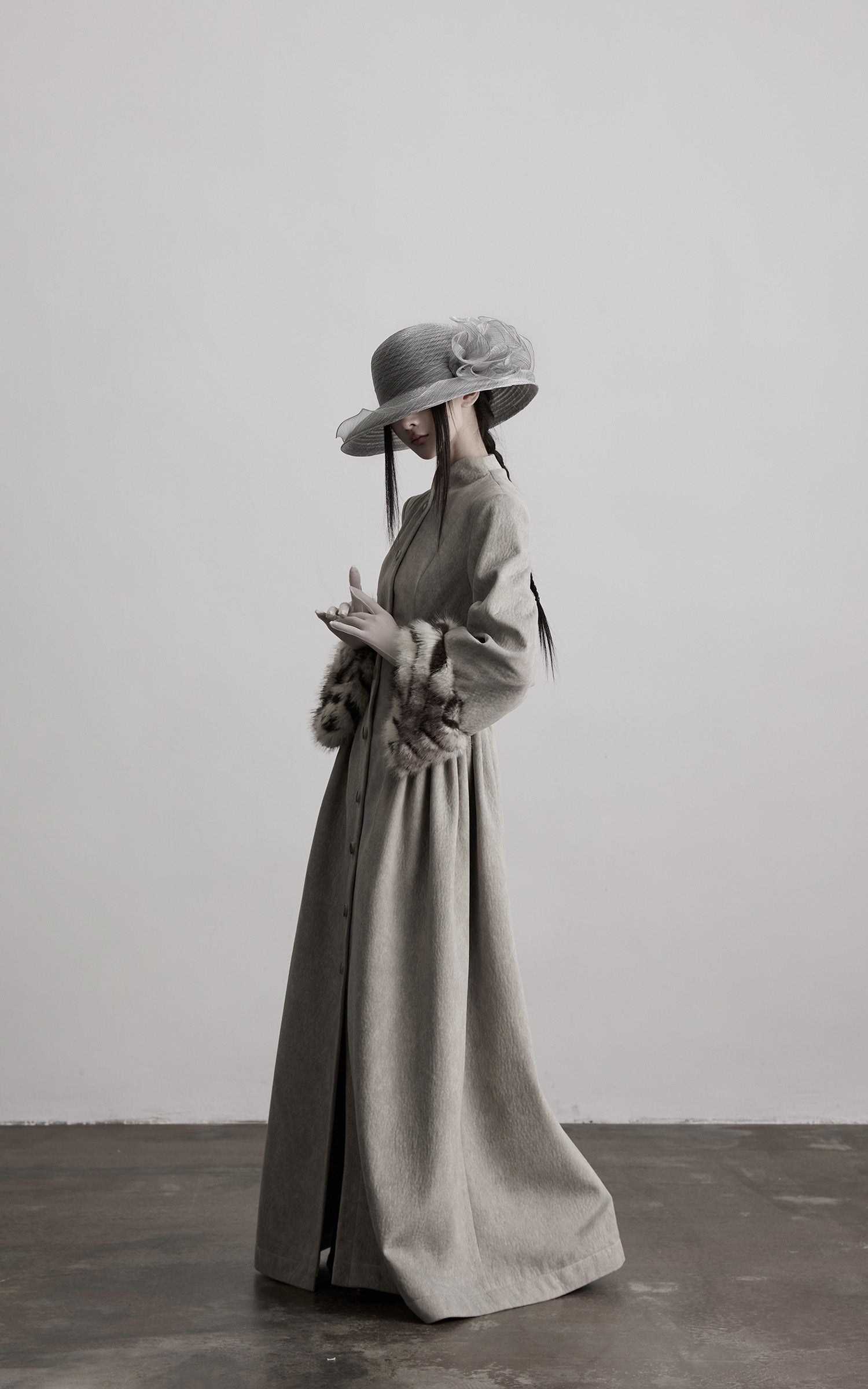 INDULGE Sculptural Long Coat with Faux-Fur Cuffs